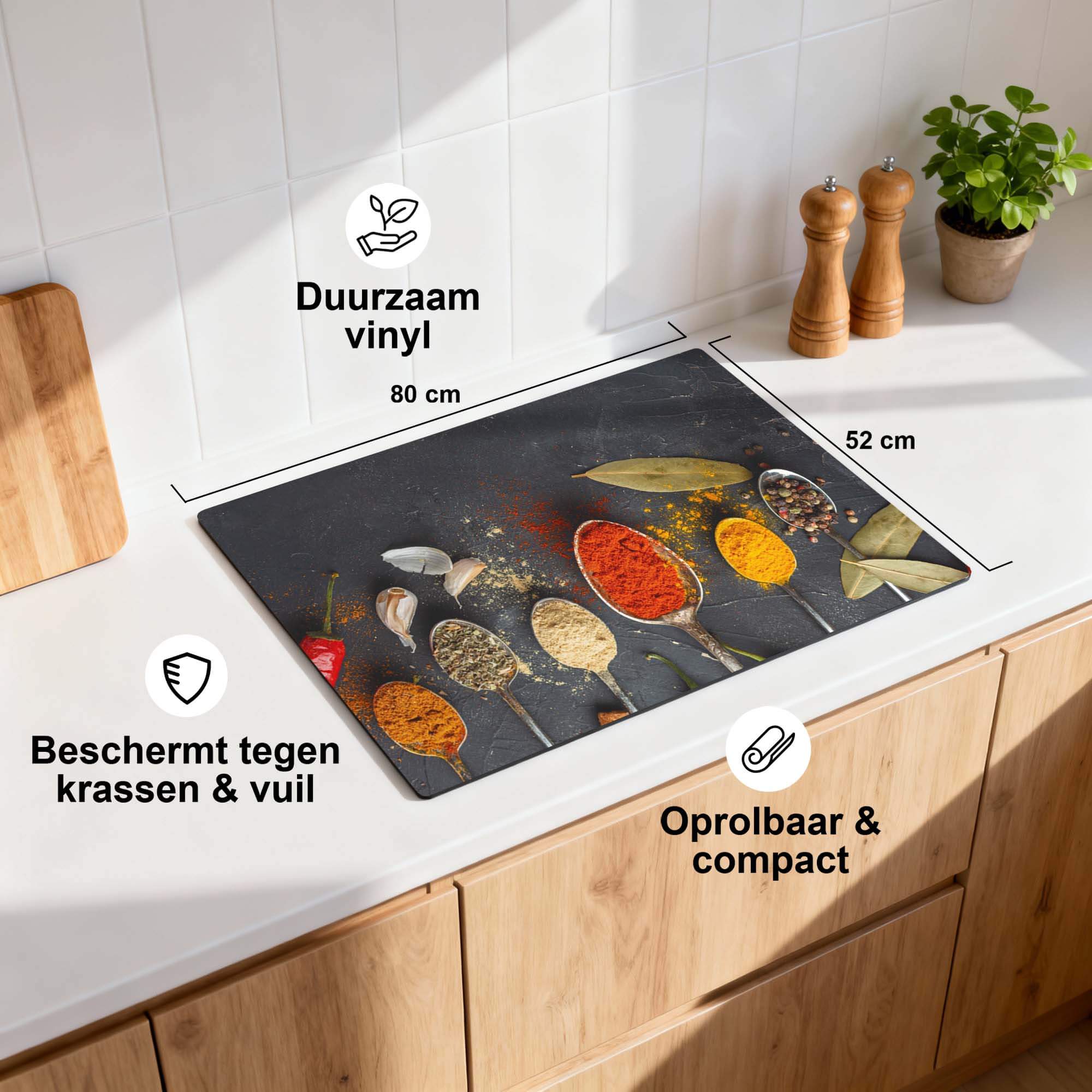 Spice Essence - Induktionsschutz mit Gewürzen auf einer strapazierfähigen Vinyloberfläche, 80x52 cm.