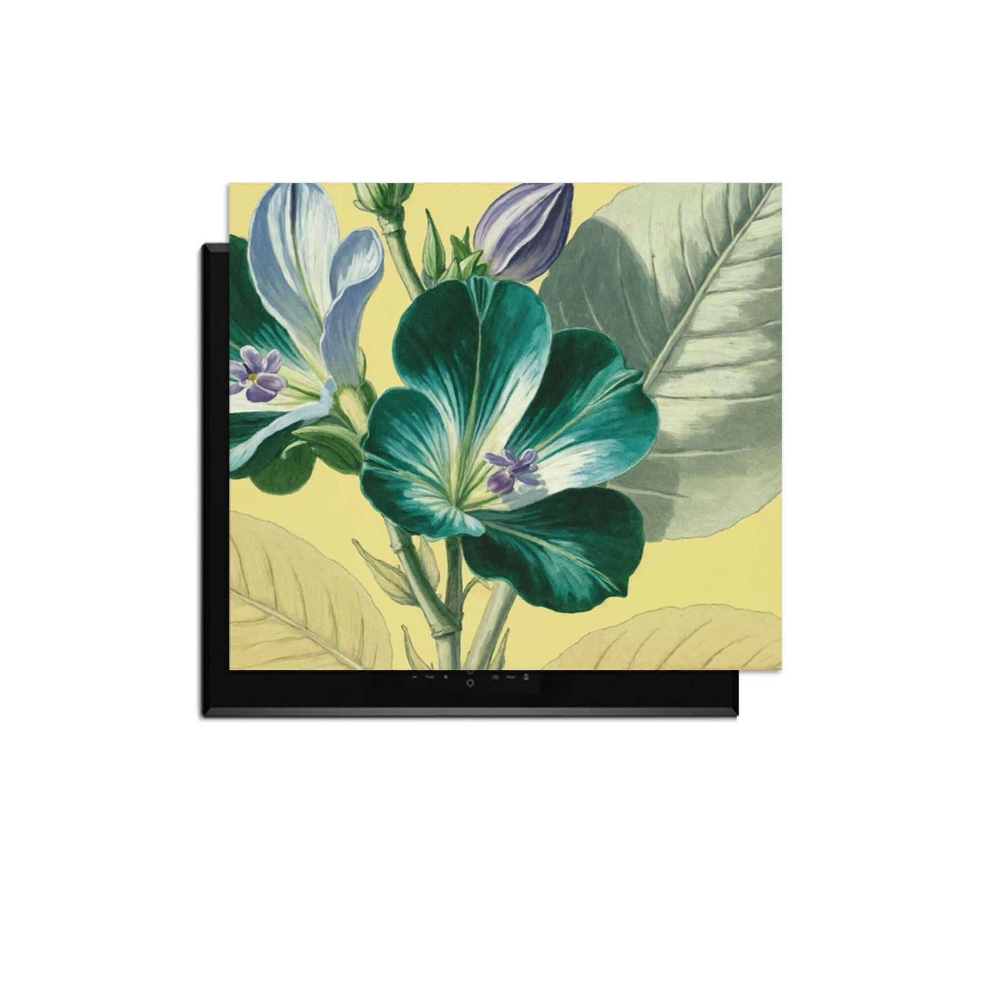 Botanical Glow – Inductie Beschermer met levendige bloemen op warm geel canvas voor een botanische uitstraling.