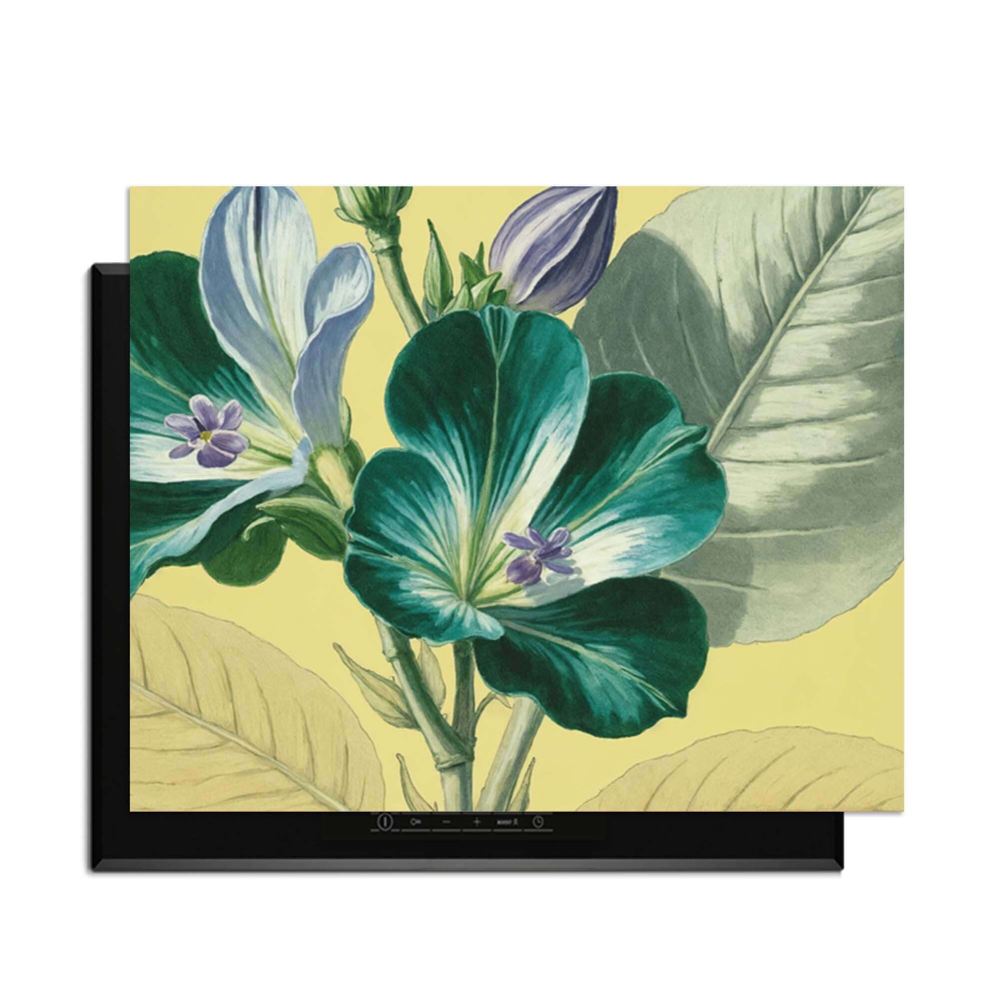 Botanical Glow – Inductie Beschermer met kleurrijke bloemen op een warm geel canvas voor een stijlvol interieur.