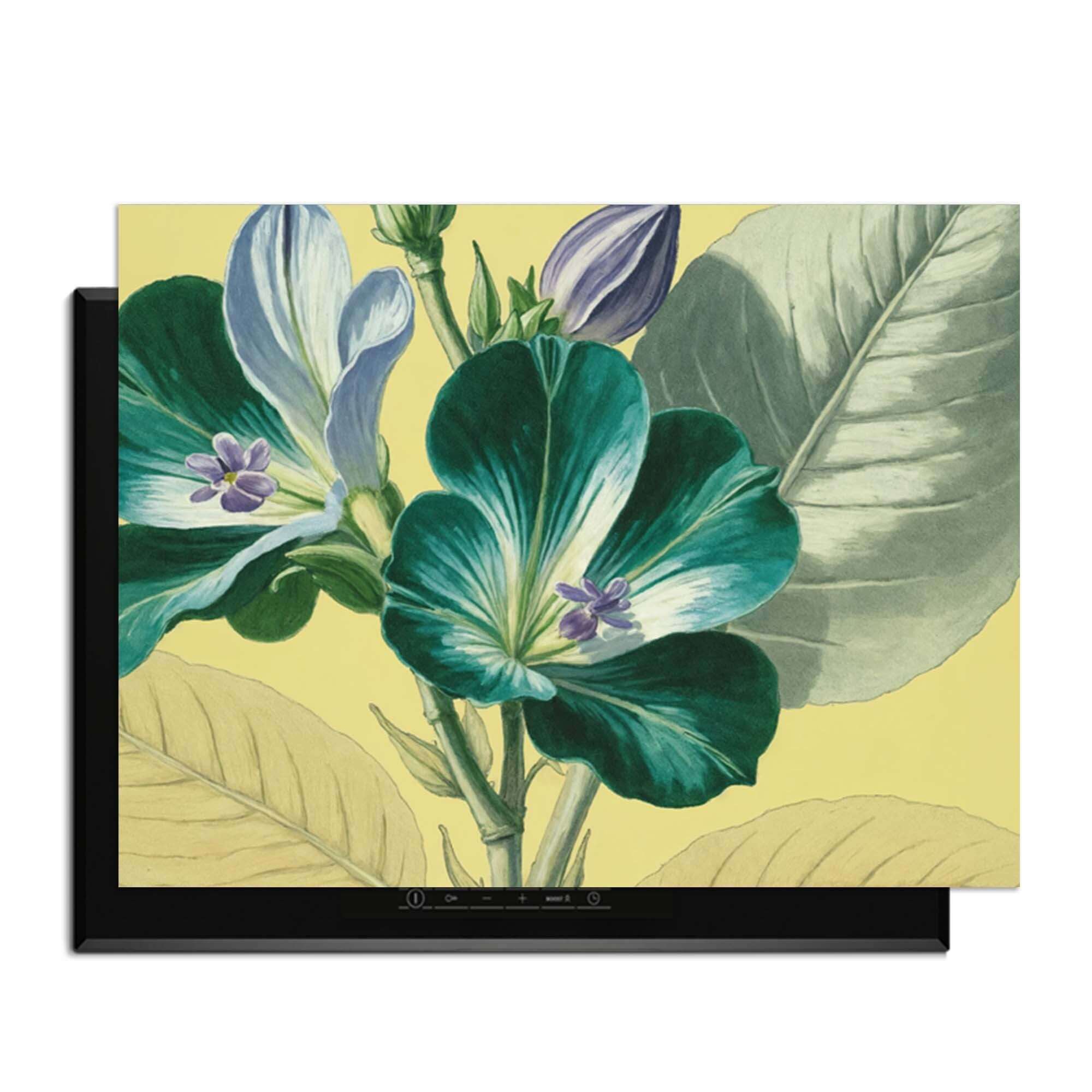 Botanical Glow – Inductie Beschermer met levendige bloemen en een warm geel canvas.