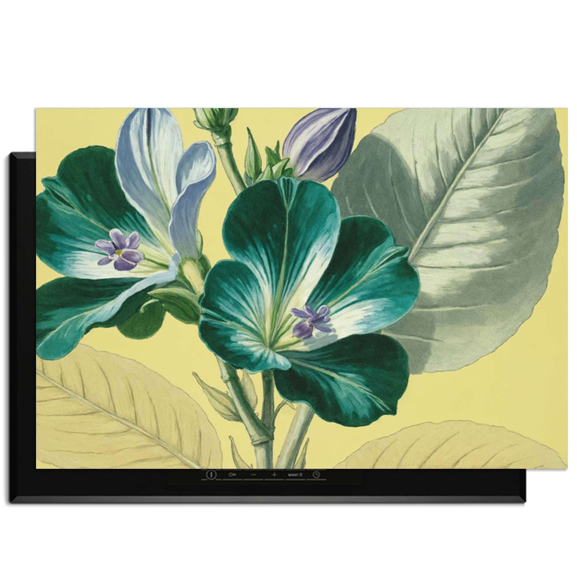 Botanical Glow – Inductie Beschermer met botanische bloemen op een zonnige gele achtergrond.