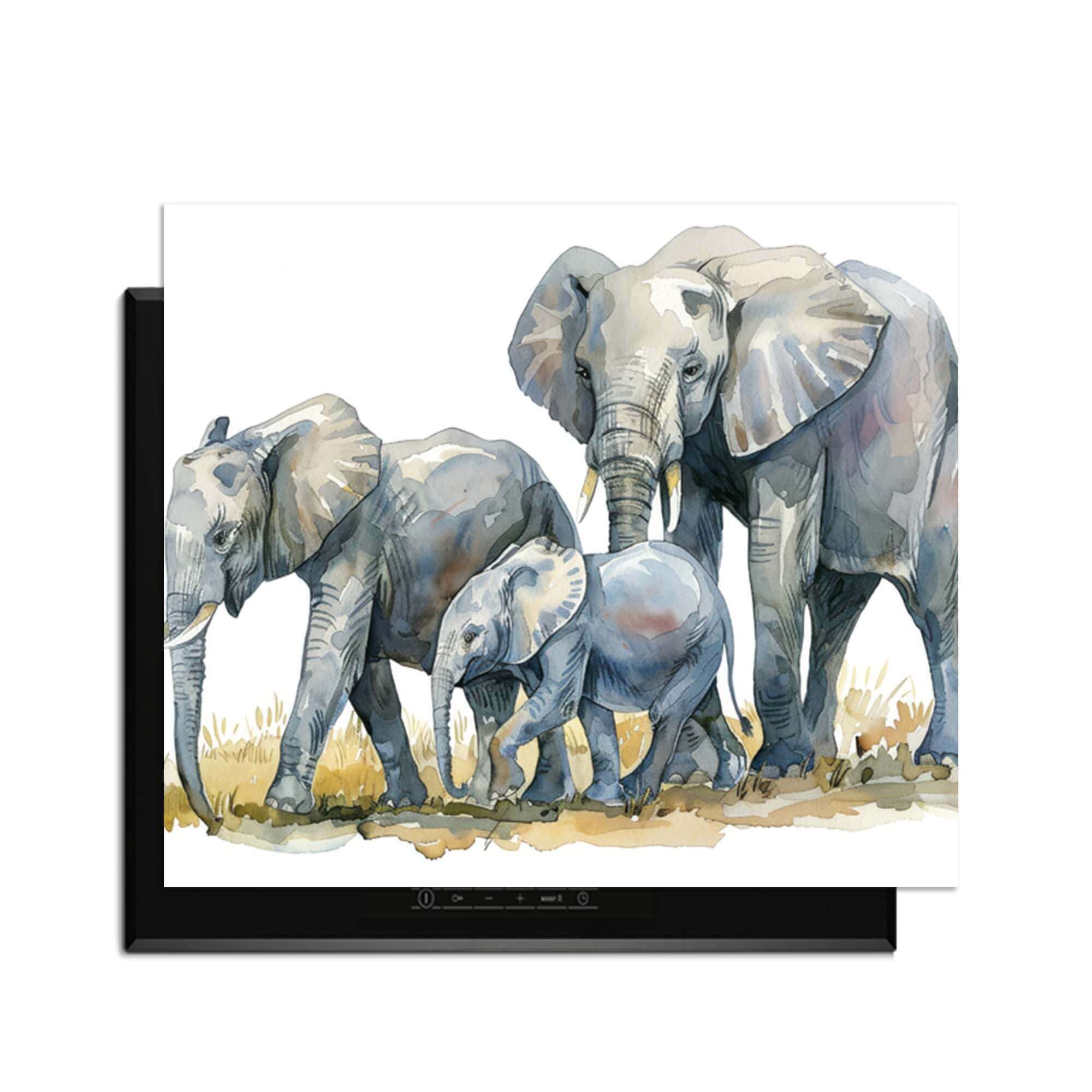 Elefantenfamilie - Induktionsschutz mit Aquarelldruck einer Elefantenfamilie für Ihre Küche.