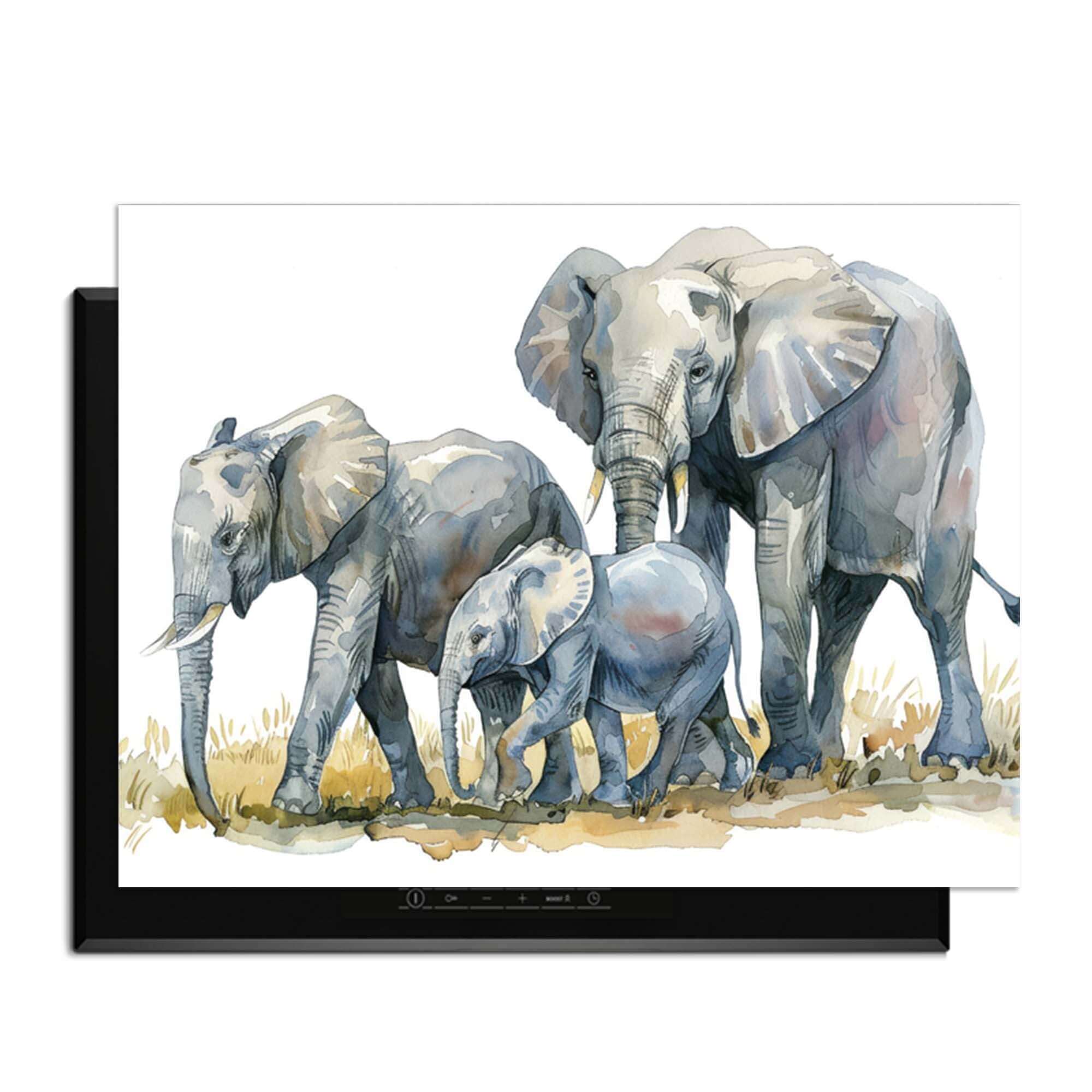 Elefantenfamilie - Induktionsschutz mit Aquarelldruck einer Elefantenfamilie für Ihr Induktionskochfeld.