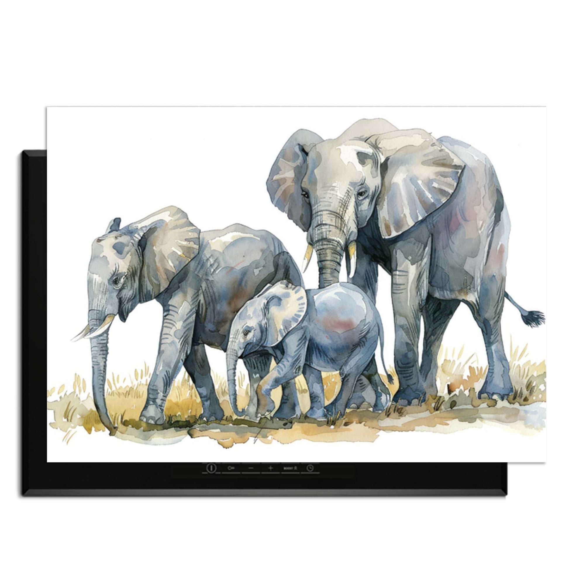 Elefantenfamilie - Induktionsschutz mit Aquarelldruck einer Elefantenfamilie zum Schutz der Küche.