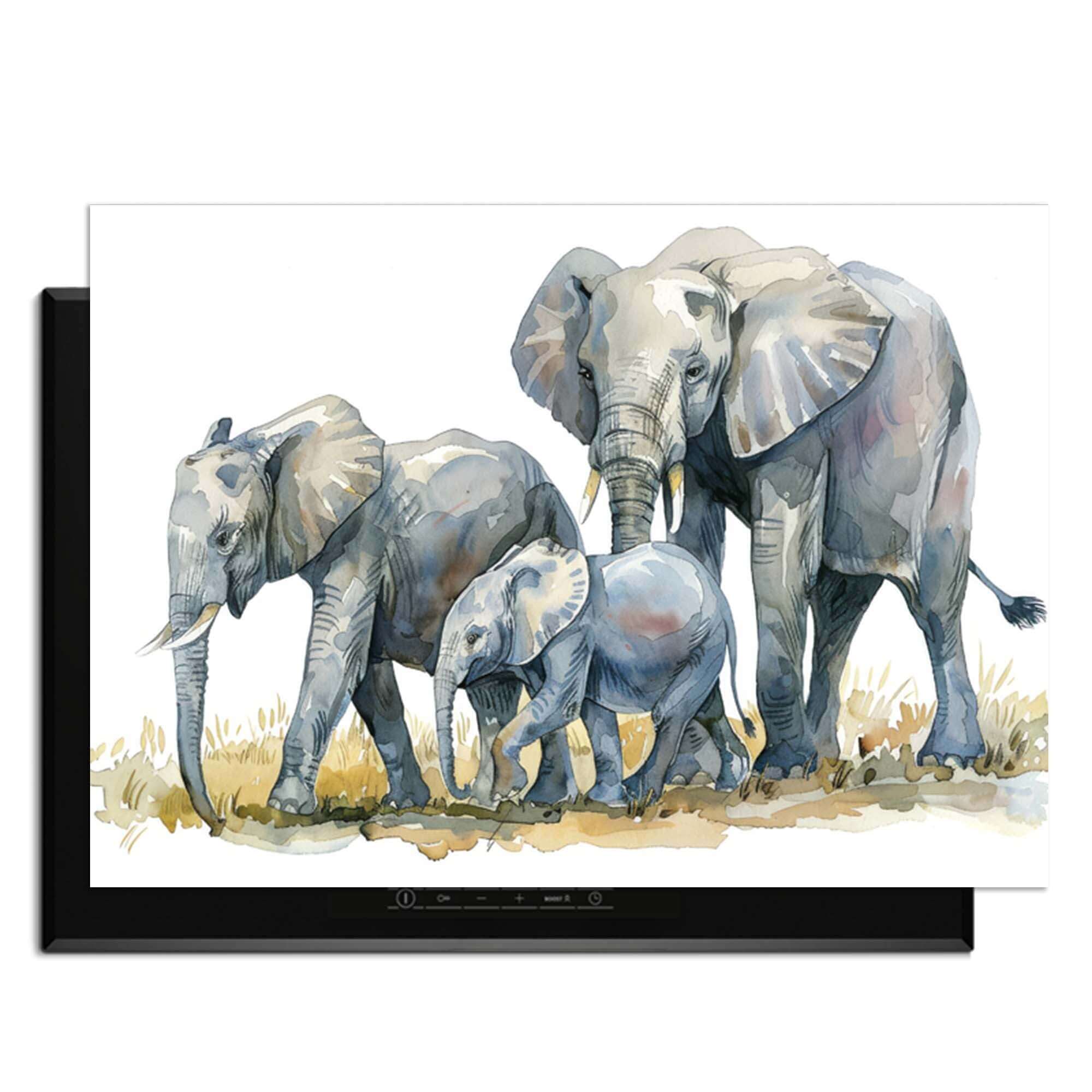 Elefantenfamilie - Induktionsschutz mit Aquarelldruck einer Elefantenfamilie zum Schutz der Küche.