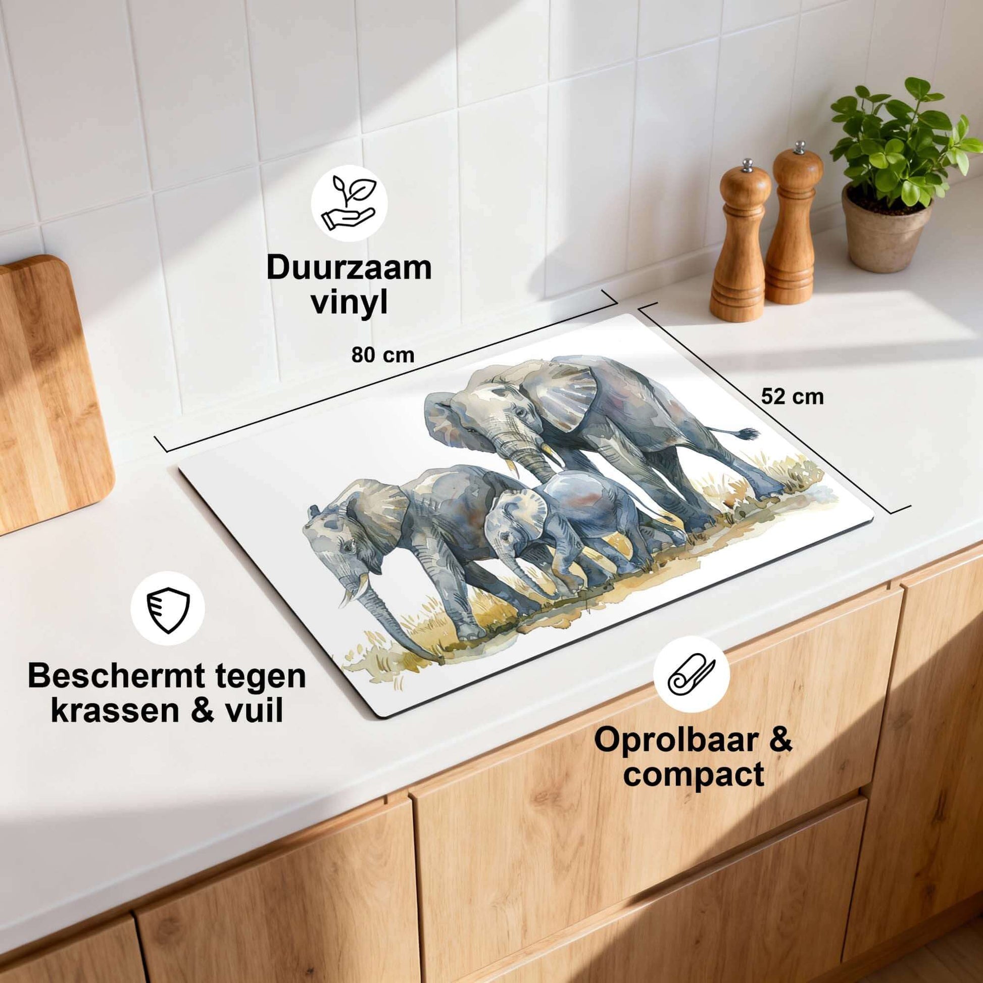 Elephant Family - Induktionsschutz auf Arbeitsplatte mit Aquarelldruck, langlebig und schützend vor Kratzern.