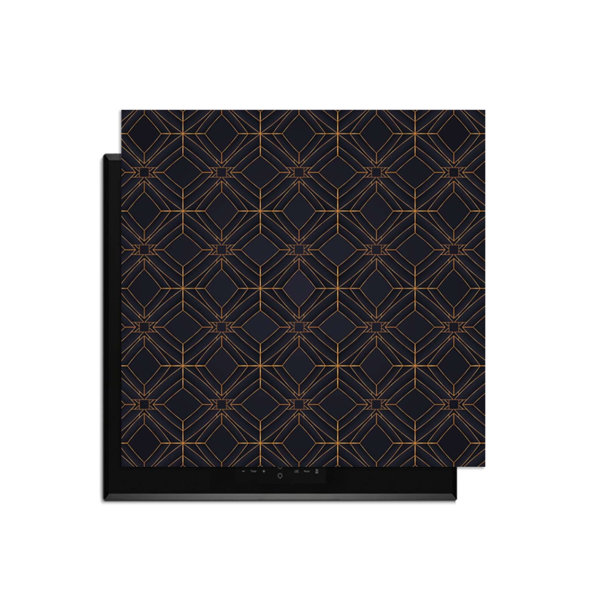 Midnight Geometry – Inductie Beschermer met diepblaauw ontwerp en koperkleurig lijnenspel.