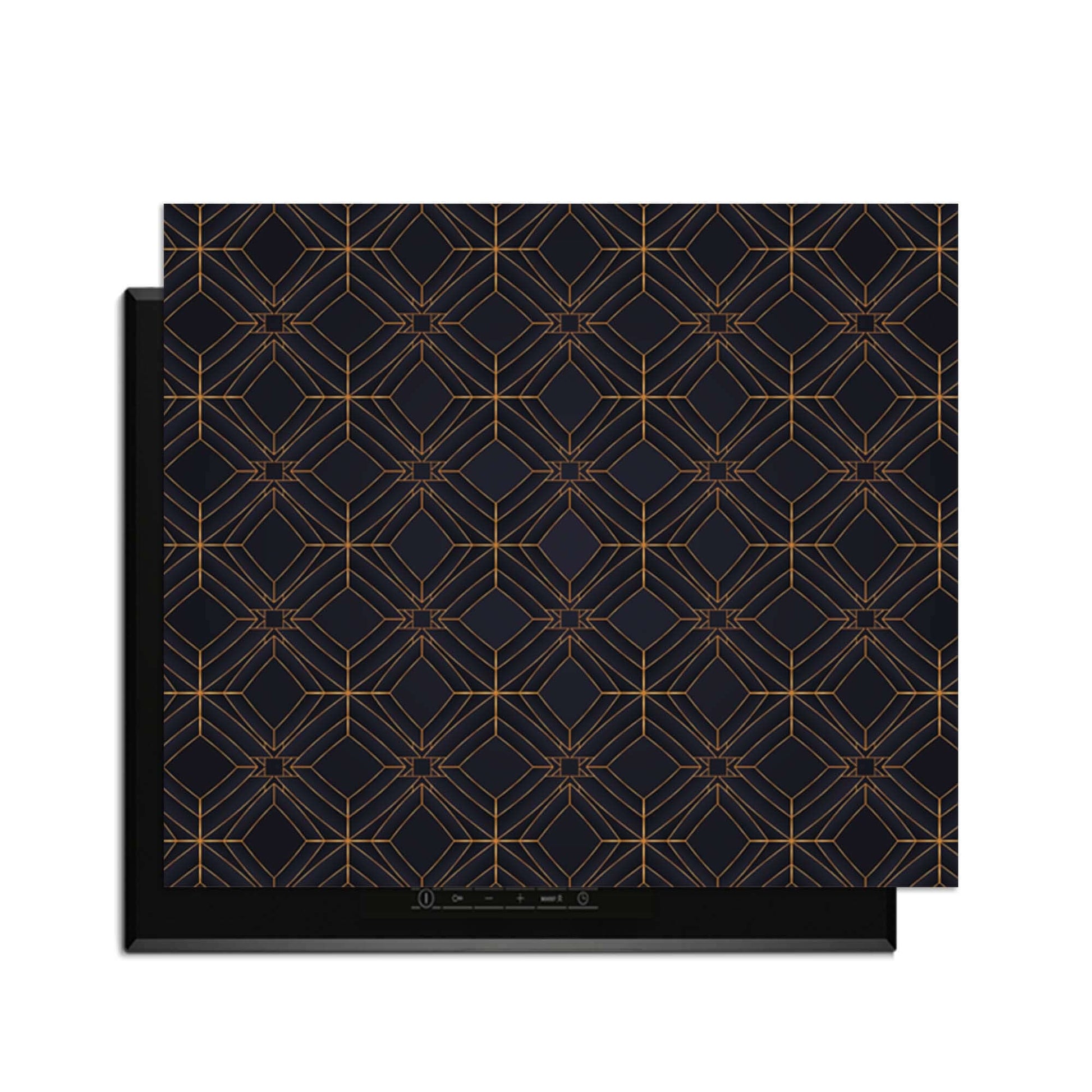 Midnight Geometry – Inductie Beschermer met diepblauwe kleur en koperkleurig lijnenspel voor een luxe uitstraling.