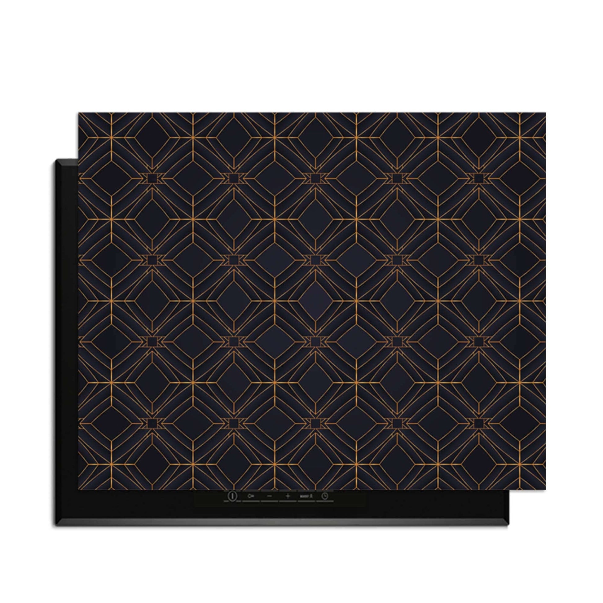 Midnight Geometry – Inductie Beschermer met diepblauwe en koperkleurige lijnenspel, perfect voor moderne keukens.