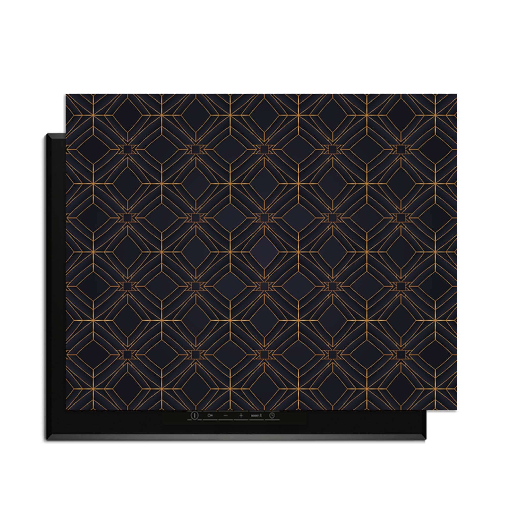 Midnight Geometry – Inductie Beschermer met diepblauwe en koperkleurige lijnenspel, perfect voor moderne keukens.