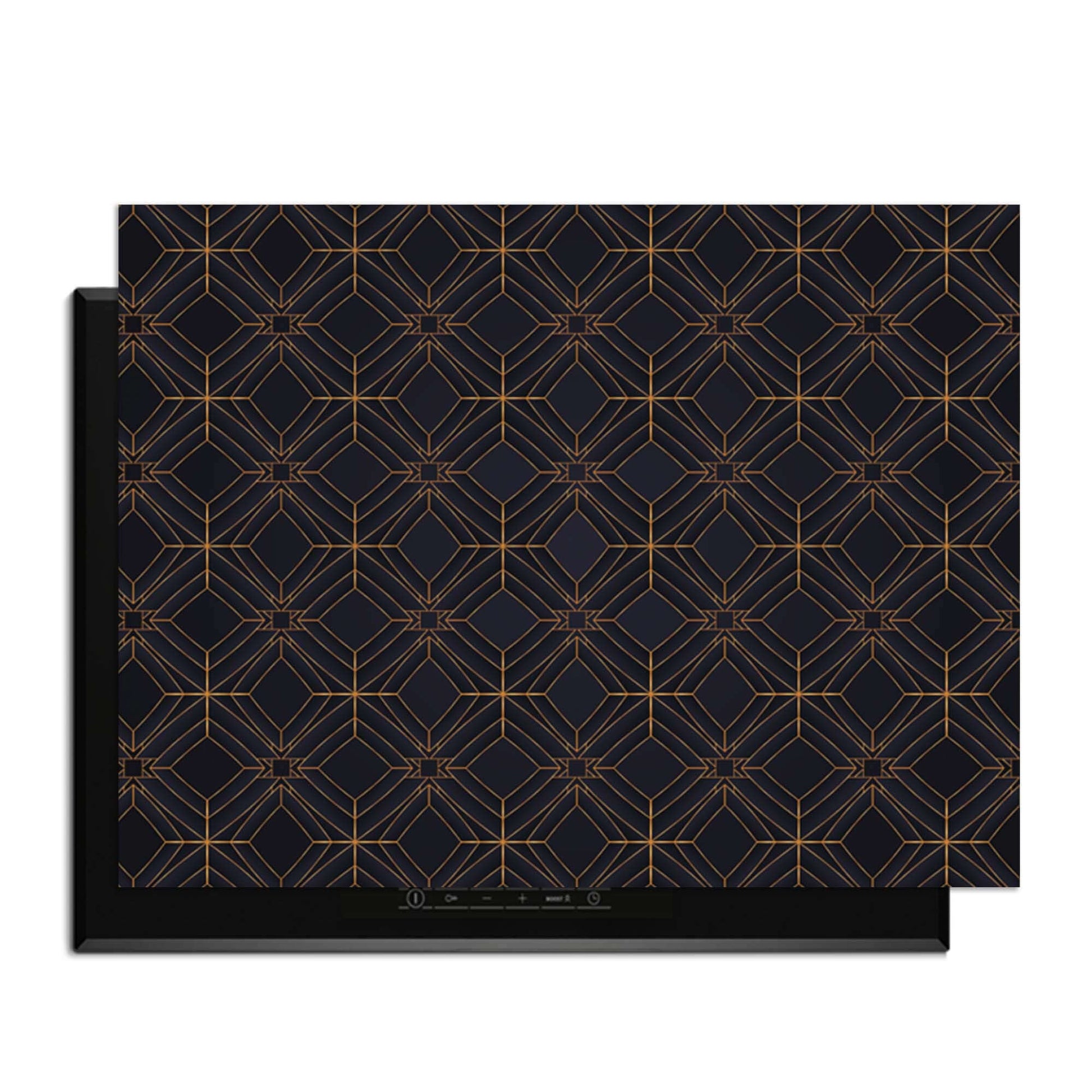 Midnight Geometry – Inductie Beschermer met diepblauw ontwerp en koperkleurig lijnenspel voor luxe uitstraling