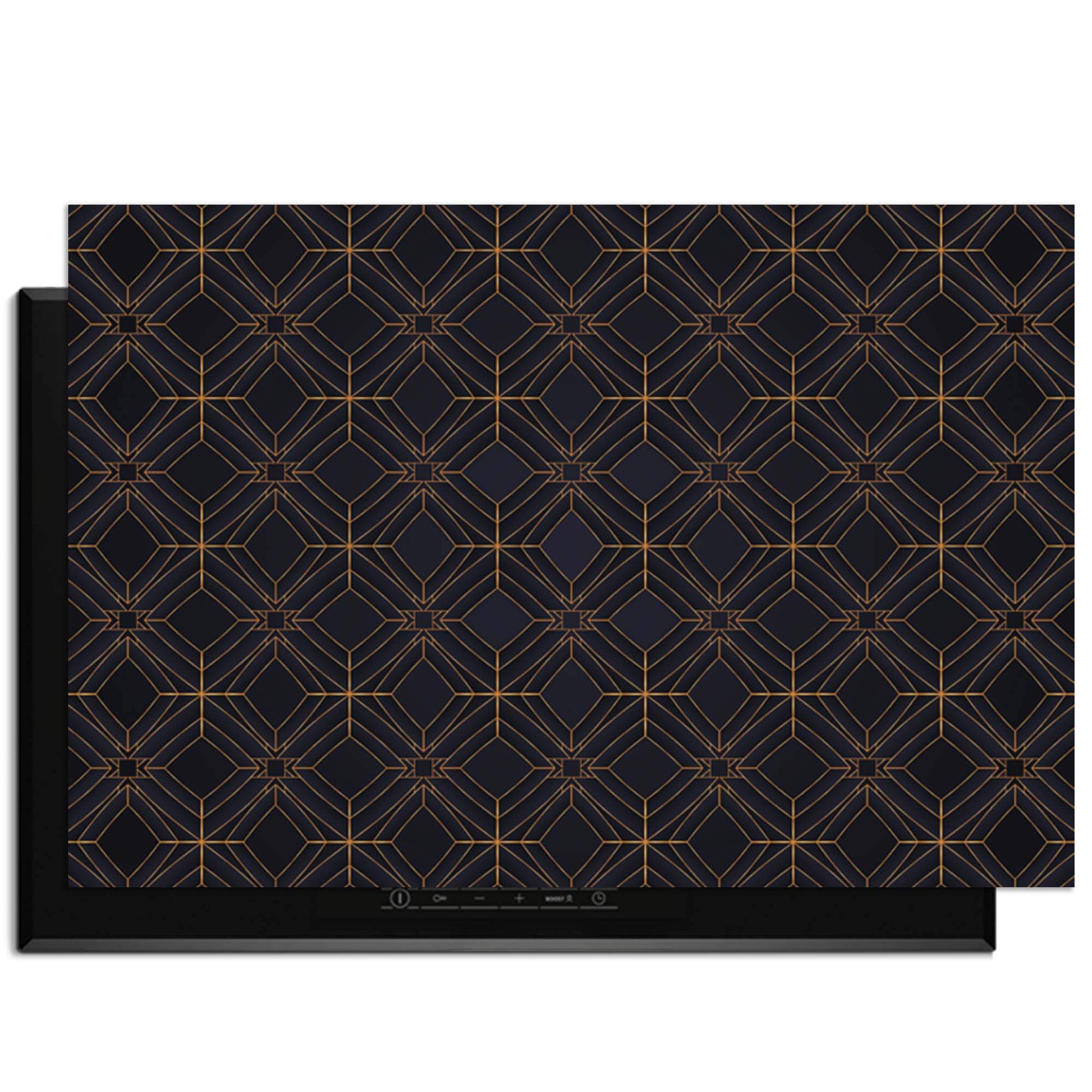 Midnight Geometry – Inductie Beschermer met diepblauw ontwerp en koperkleurig lijnenspel voor een luxe keukenlook.