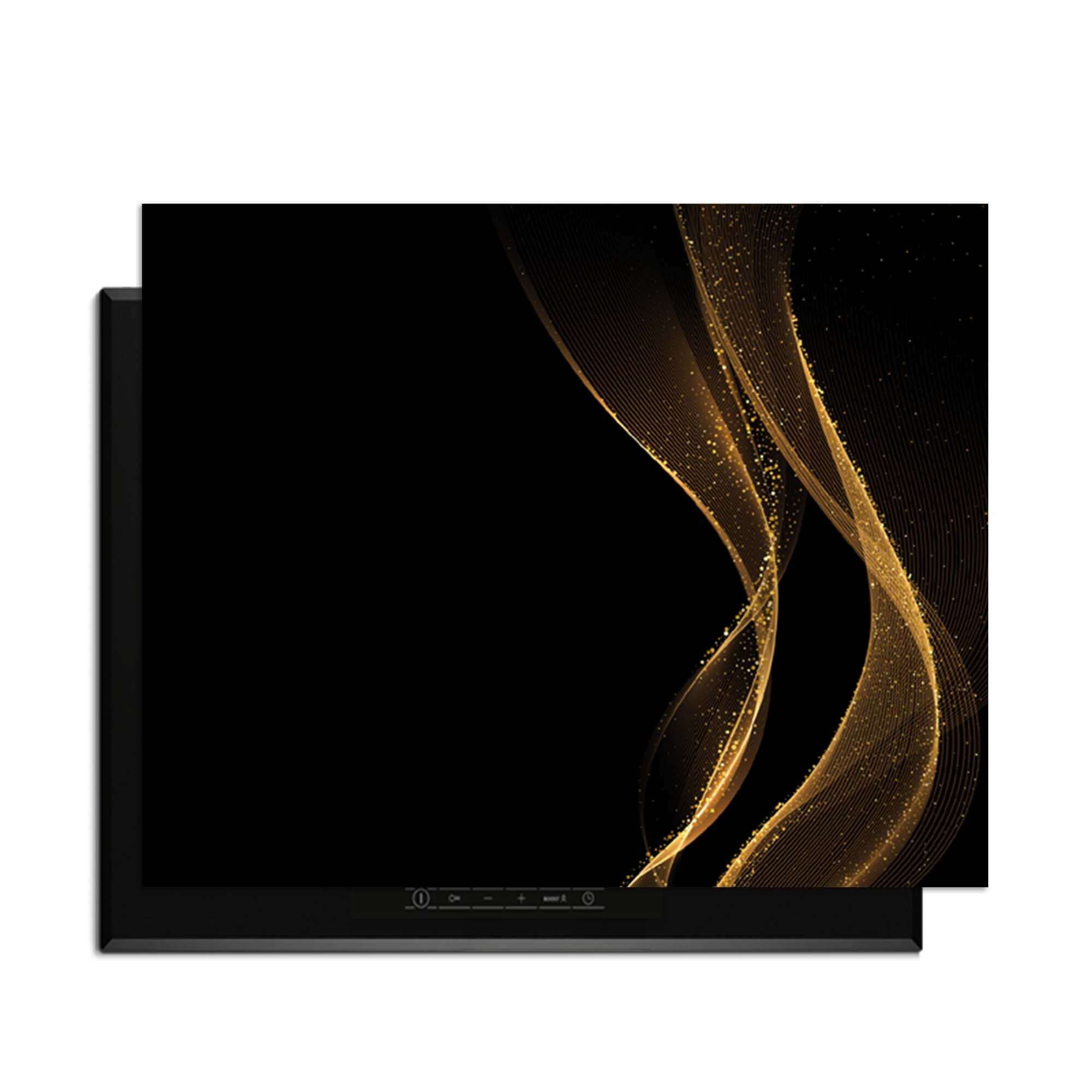 Golden Flow – Inductie Beschermer met een golvende gouden print op diepzwart oppervlak.