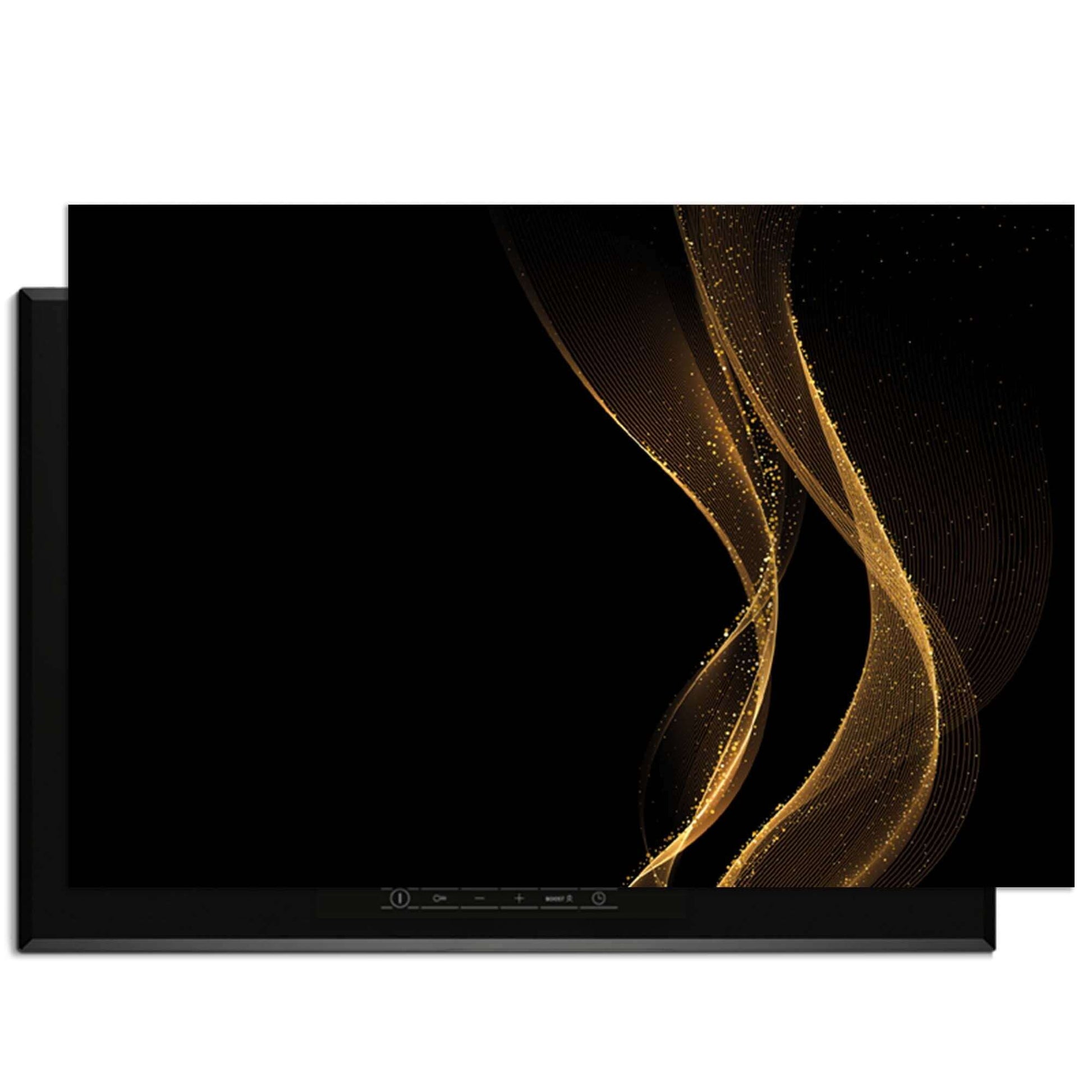 Golden Flow – Inductie Beschermer met elegant golvende gouden print op een diepzwarte achtergrond.