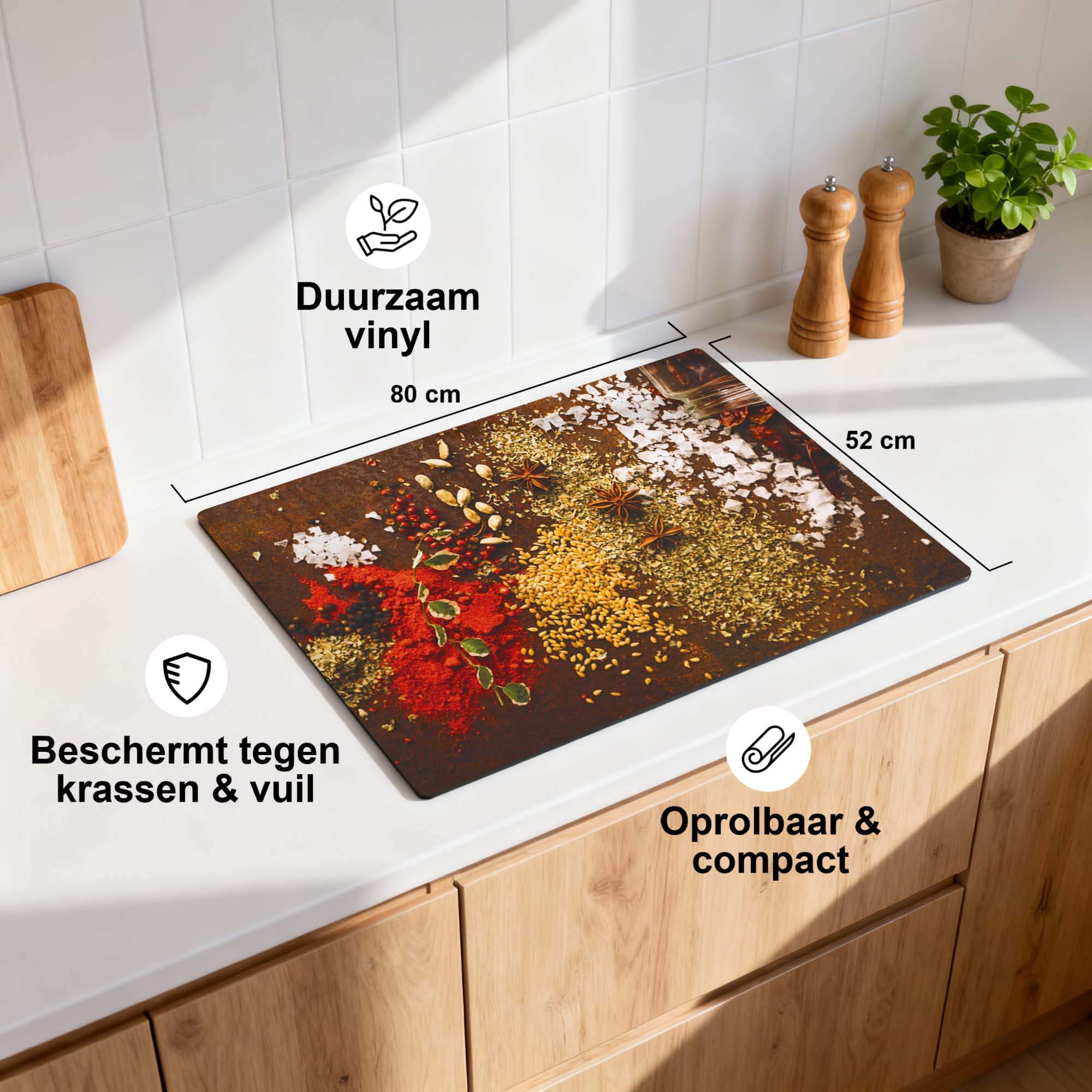Spice Symphony – Inductie Beschermer met kleurrijk ontwerp van specerijen, duurzaam en compact voor de keuken.