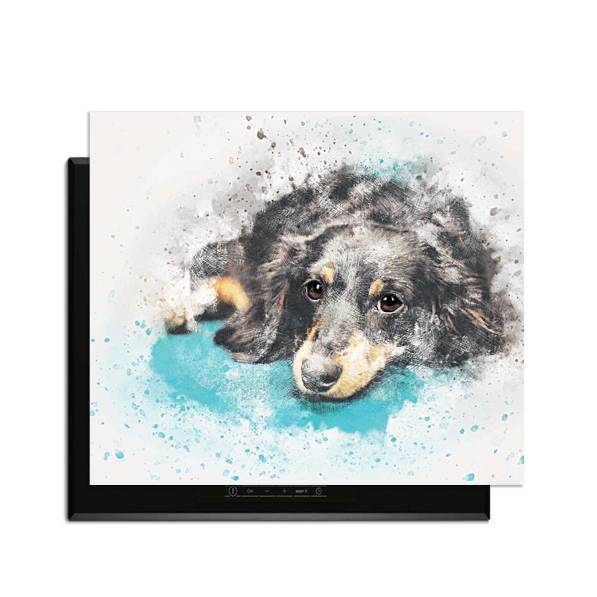 Dreamy Dachshund - Induktionsschutz mit Aquarellmotiv eines niedlichen Dackels auf Induktionskochfeld.