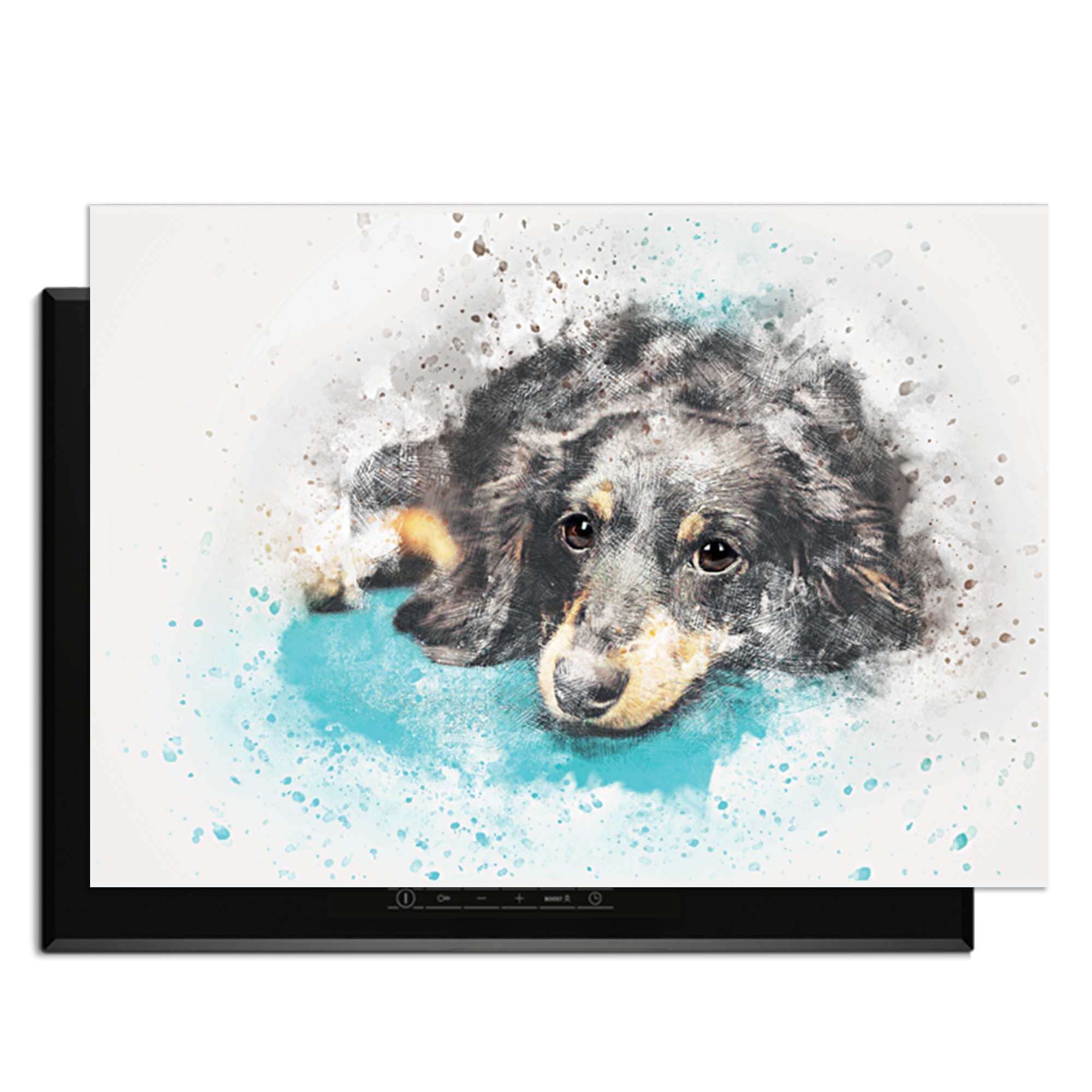 Dreamy Dachshund - Induktionsschutz mit niedlichem Aquarellmotiv eines verträumten Dackels auf einem Induktionskochfeld.