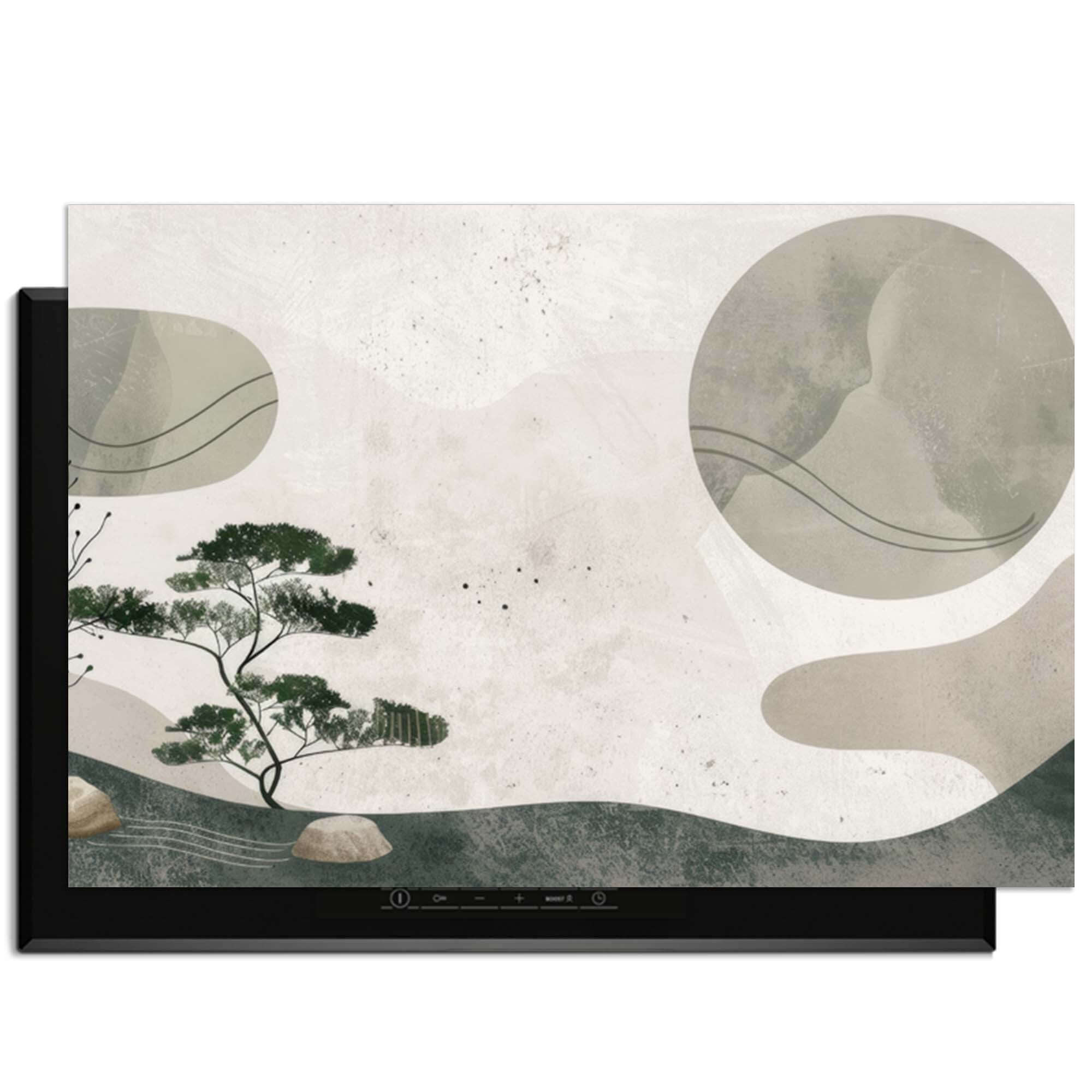 Zen Pine – Japandi Inductie Beschermer met rustgevende natuurillustratie voor inductiekookplaten.