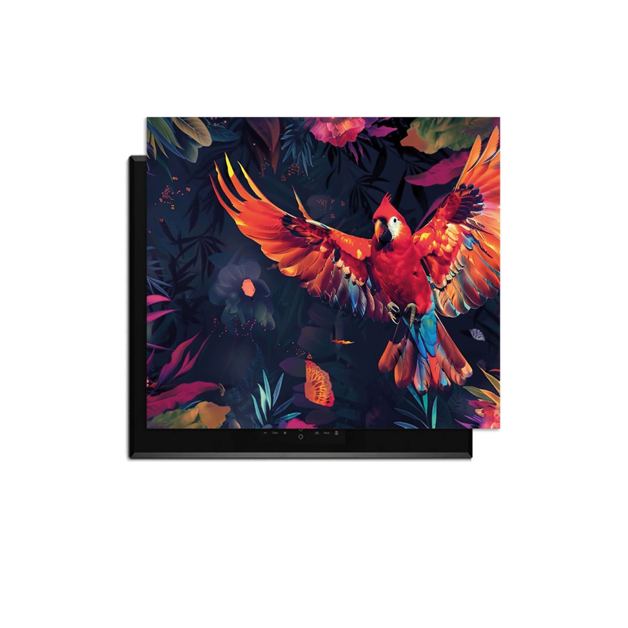 Tropical Wings - Induktionsschutz mit einem bunten Papagei und tropischen Blättern auf einem Induktionskochfeld.