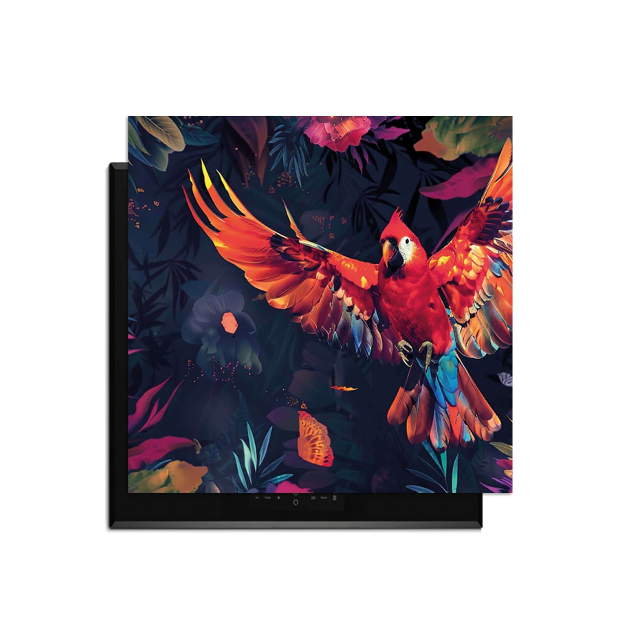 Tropical Wings - Induktionsschutz mit buntem Papageien- und Tropendesign.