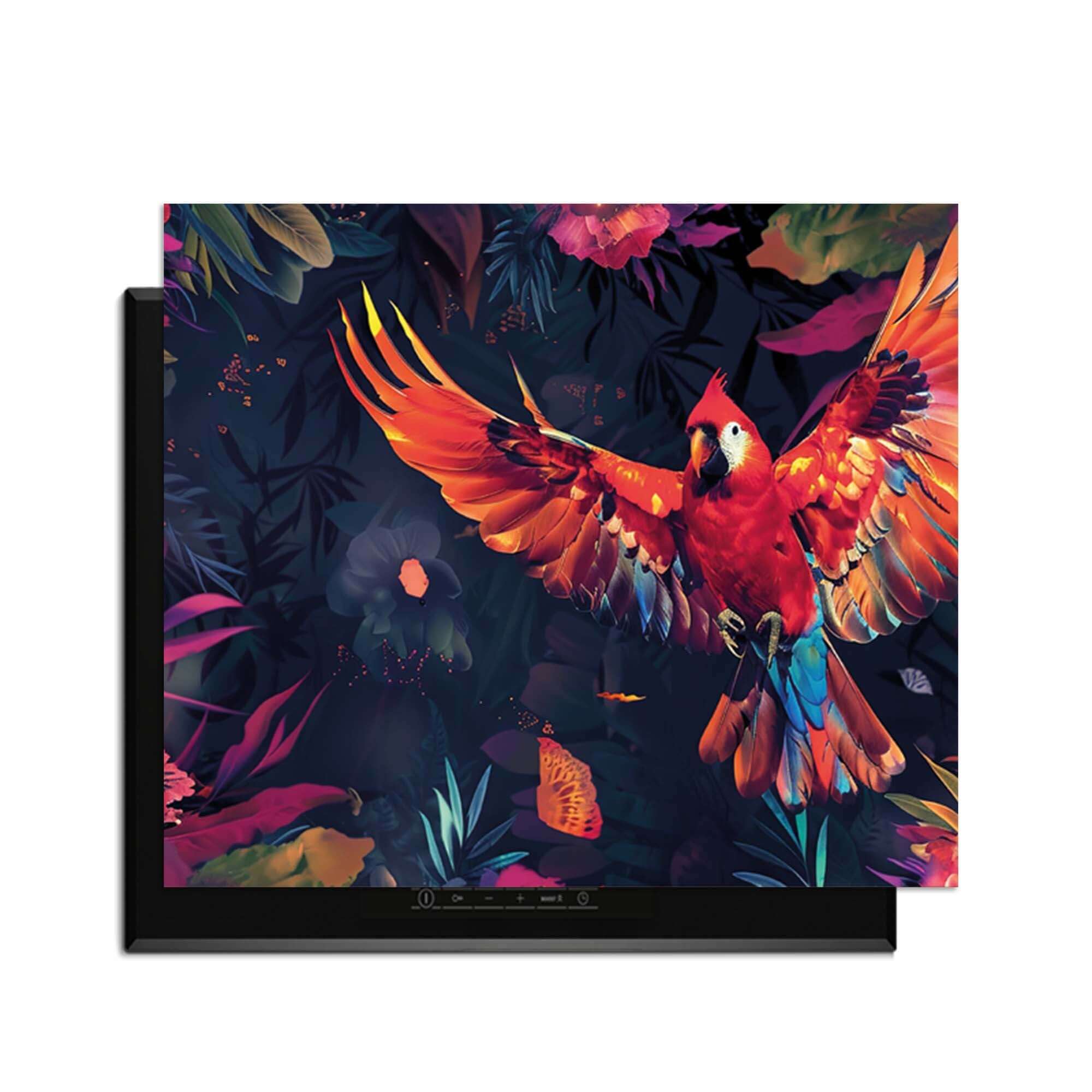 Tropical Wings - Induktionsschutz mit buntem Papagei und tropischen Blättern