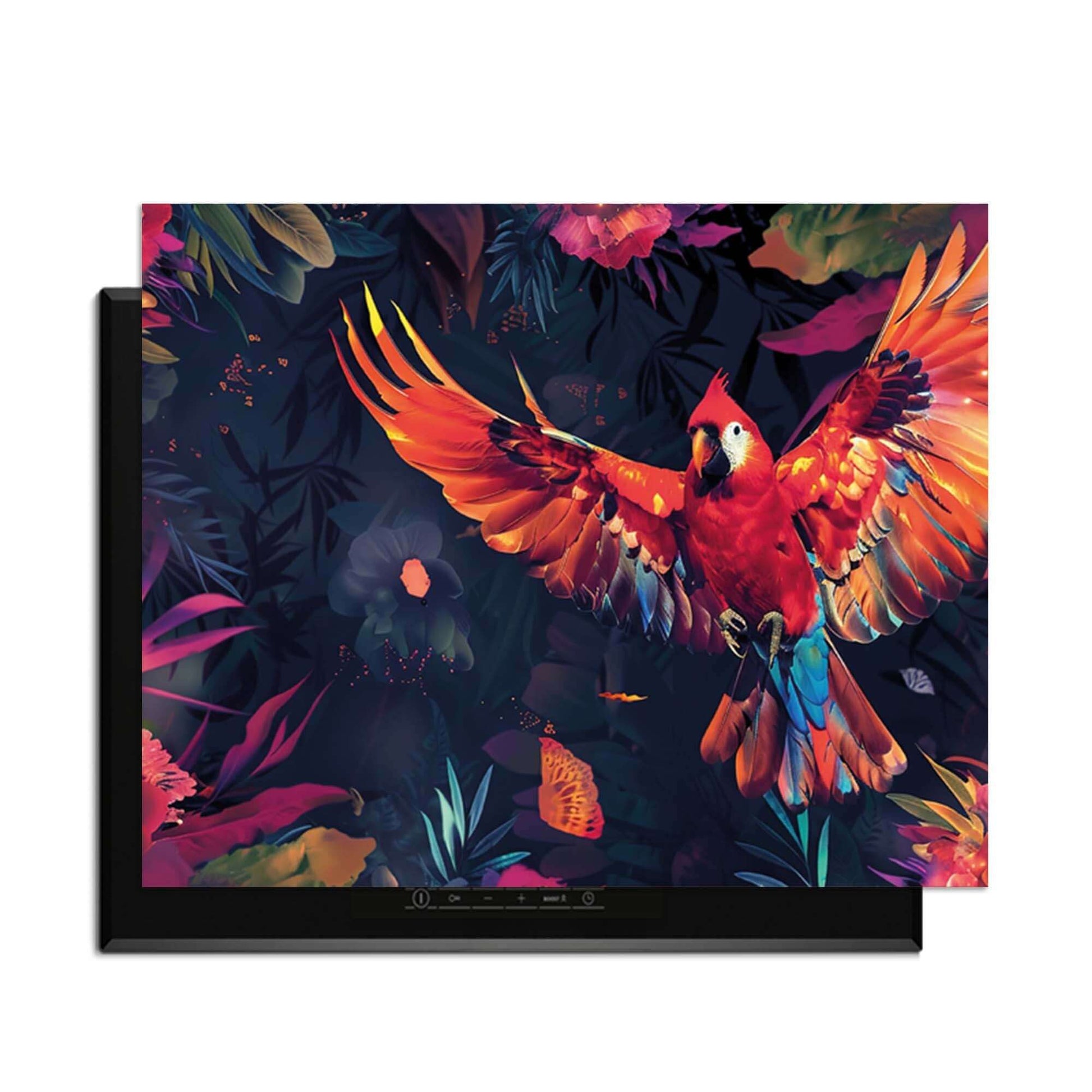 Tropical Wings - Induktionsschutz mit bunten Papageien- und Tropenmotiven für ein lebendiges Küchendekor.