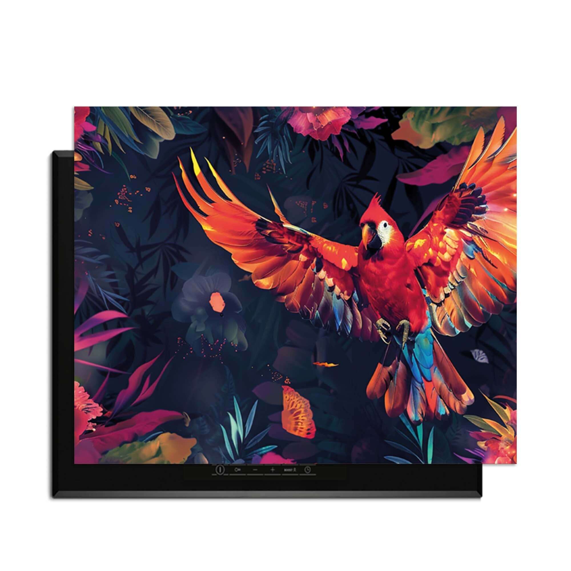 Tropical Wings - Induktionsschutz mit bunten Papageien- und Tropenmotiven für ein lebendiges Küchendekor.
