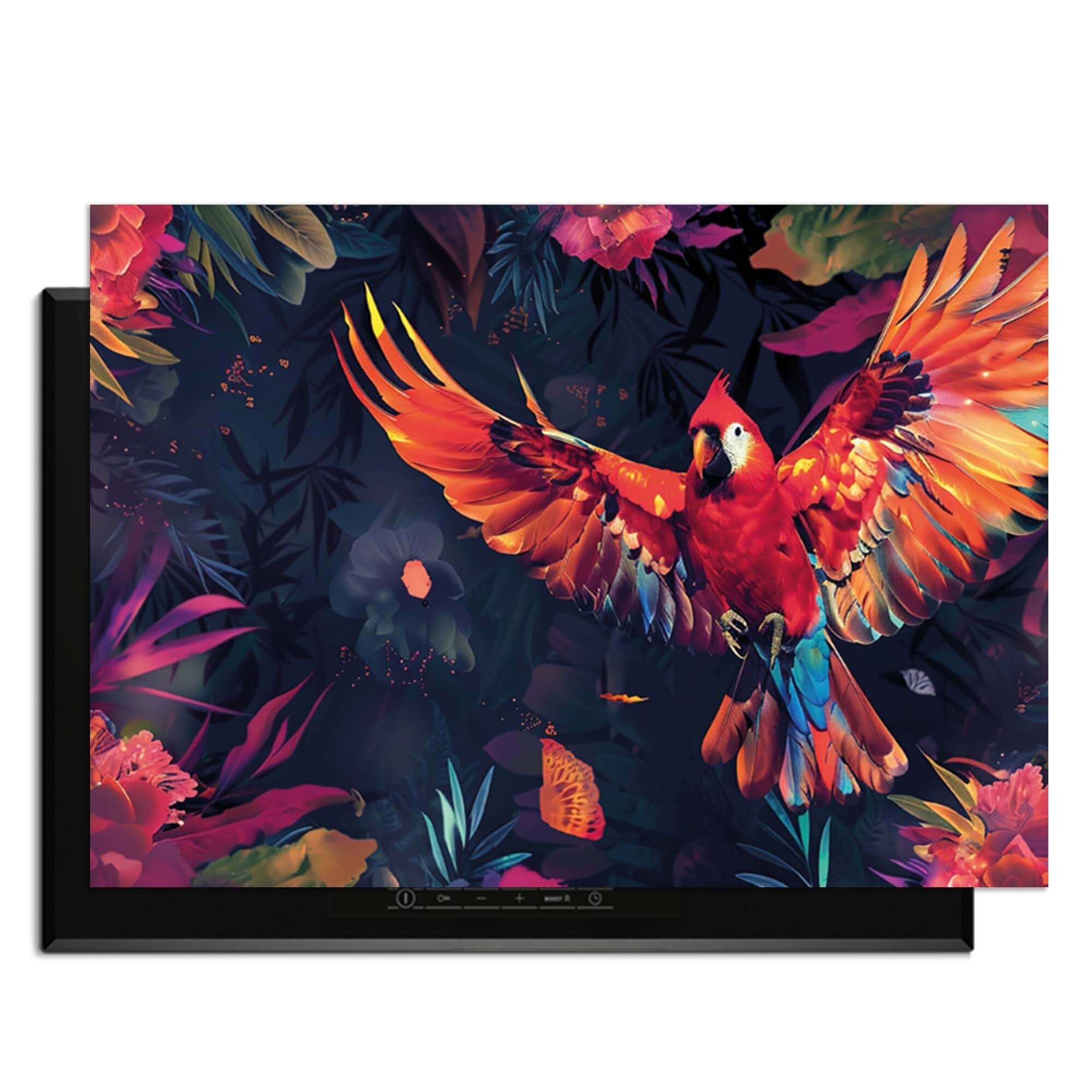 Tropical Wings - Induktionsschutz mit buntem Papagei und tropischen Blumen.
