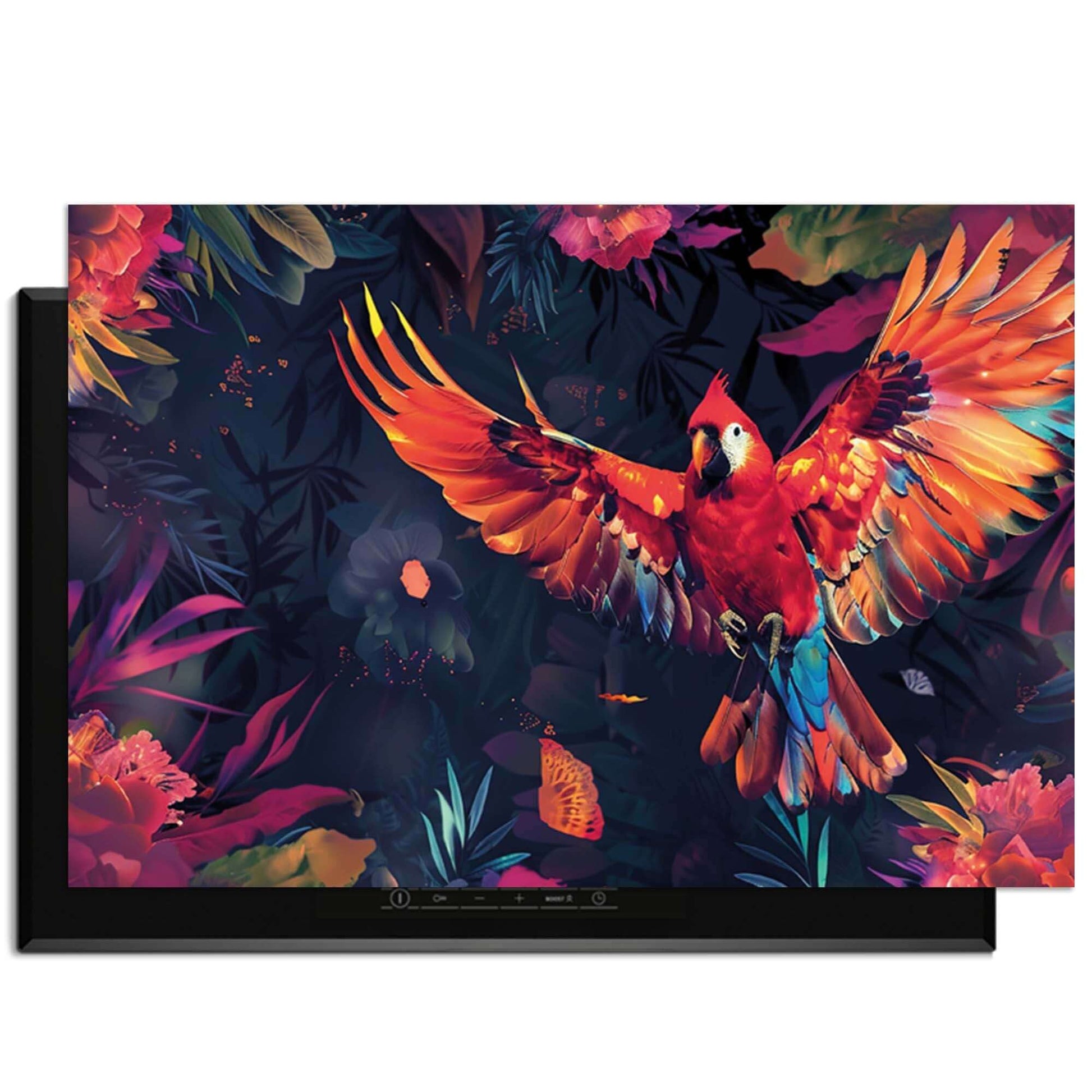 Tropical Wings - Induktionsschutz mit buntem tropischem Vogel und Blumen auf schwarzem Hintergrund.