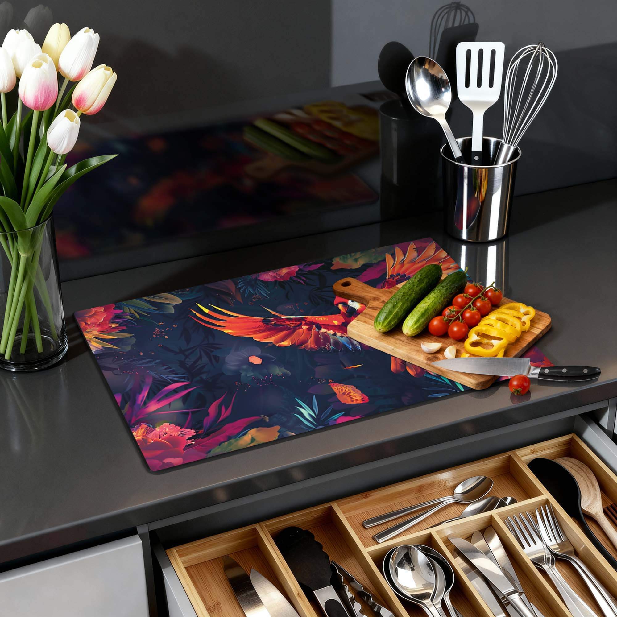 Tropical Wings - Induktionsschutz mit tropischem Design und buntem Flair auf einer modernen Küchenarbeitsplatte.