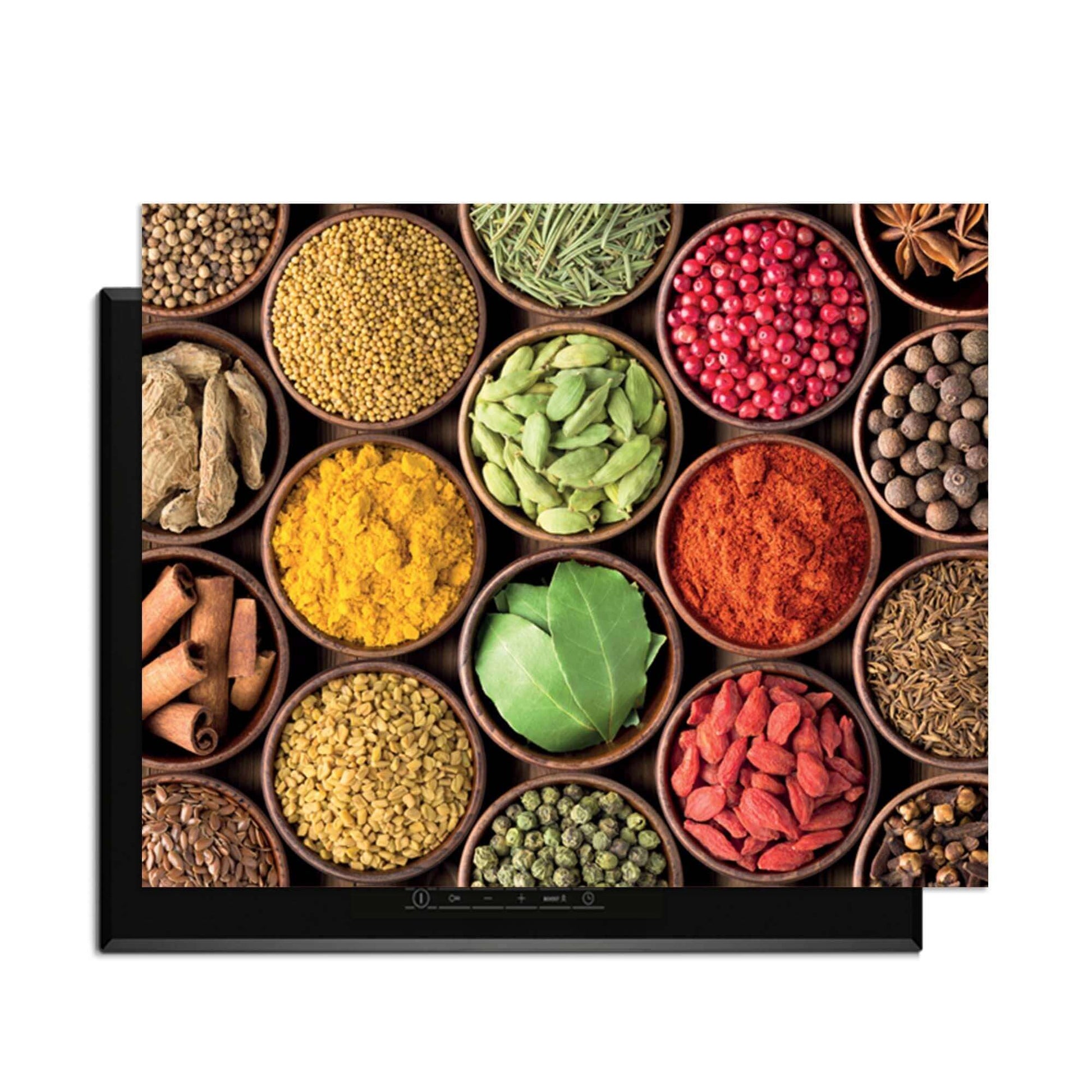 Spice Harmony - Induktionsschutz mit bunten Gewürzen in stilvollen Behältern auf dem Induktionskochfeld.