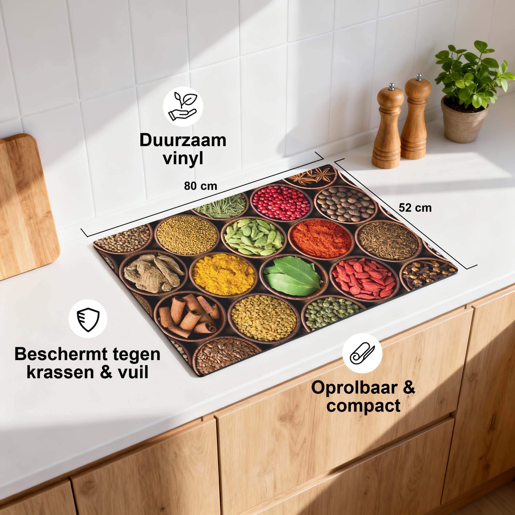 Spice Harmony - Induction Protector auf einer Küchenarbeitsplatte, strapazierfähiges Vinyl, schützt vor Kratzern und Schmutz.