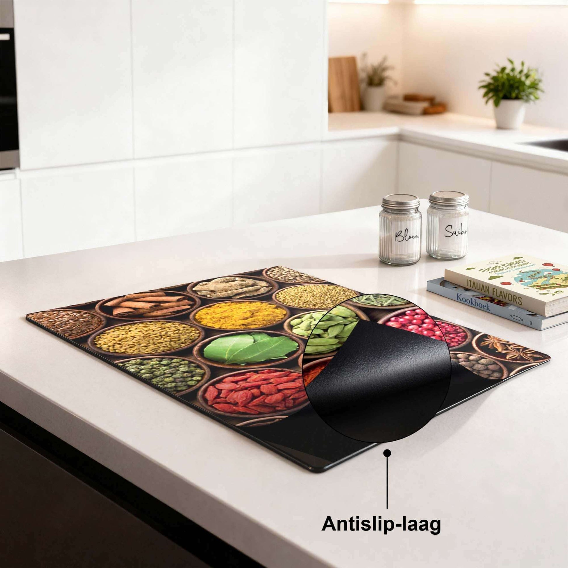 Spice Harmony - Induktionsschutz mit rutschfester Beschichtung und bunten Gewürzmotiven auf einer Küchenarbeitsplatte.