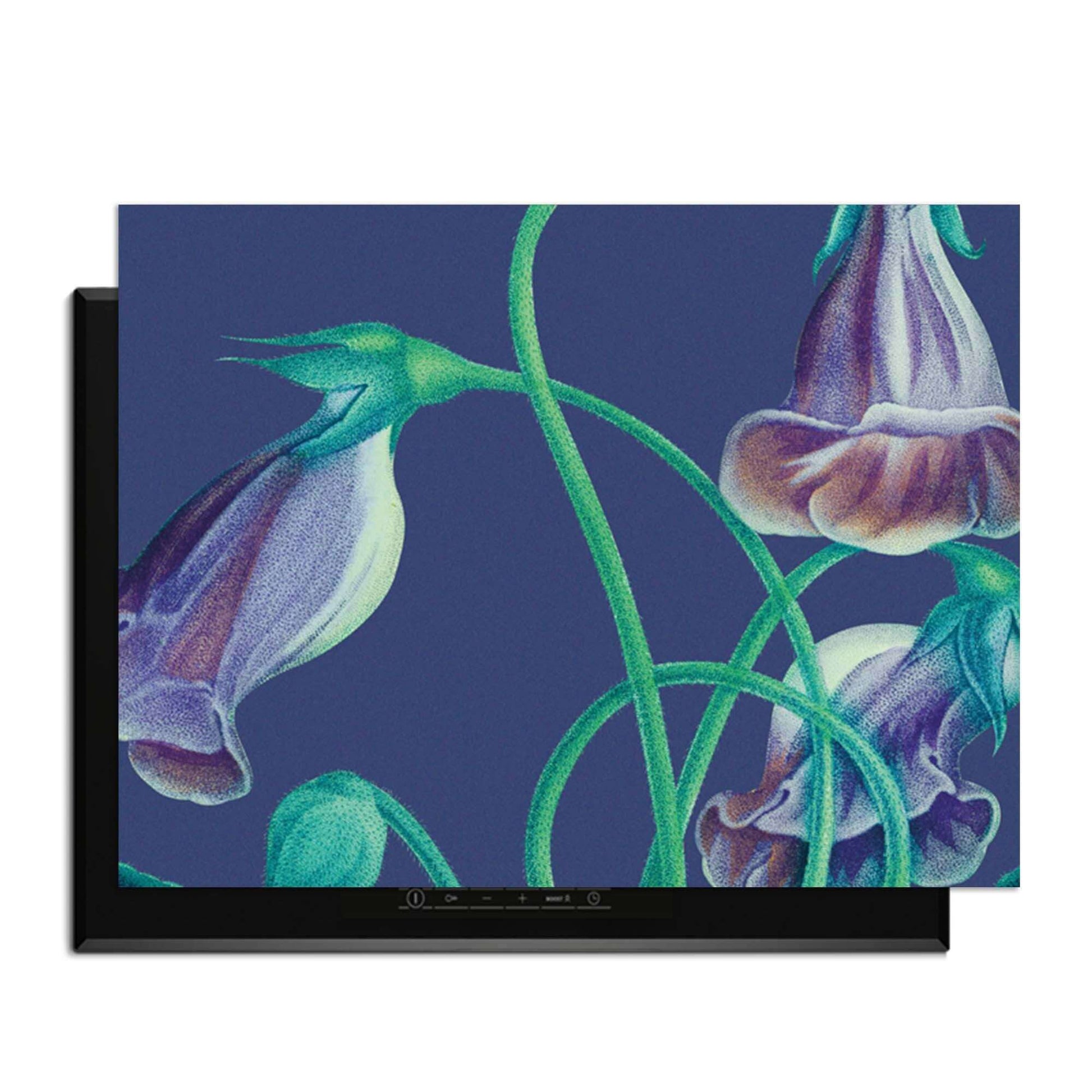 Midnight Bloom – Inductie Beschermer met paarse bloemen op een diepe achtergrond voor stijlvolle keukenbescherming.