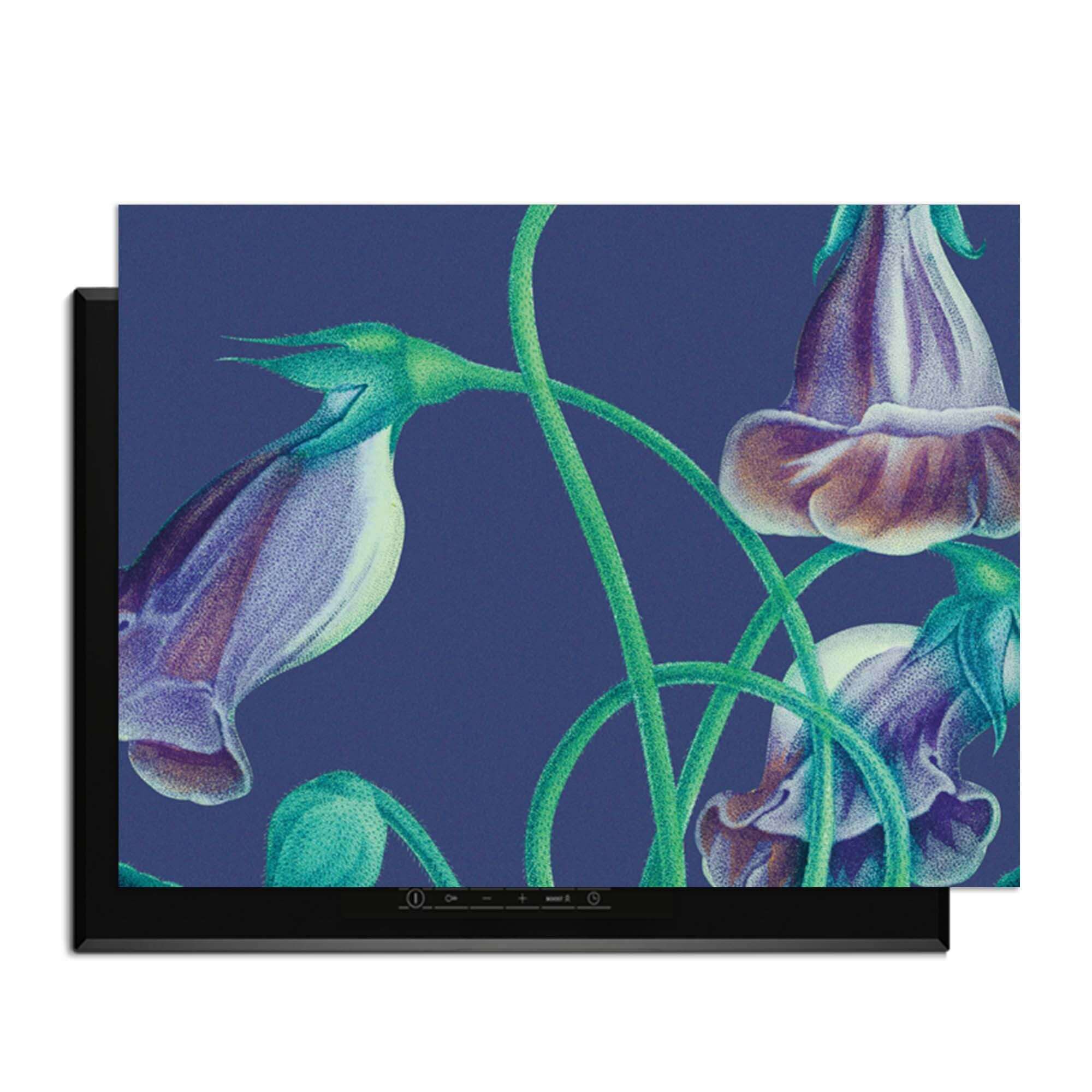 Midnight Bloom – Inductie Beschermer met paarse bloemen op een diepe achtergrond voor stijlvolle keukenbescherming.