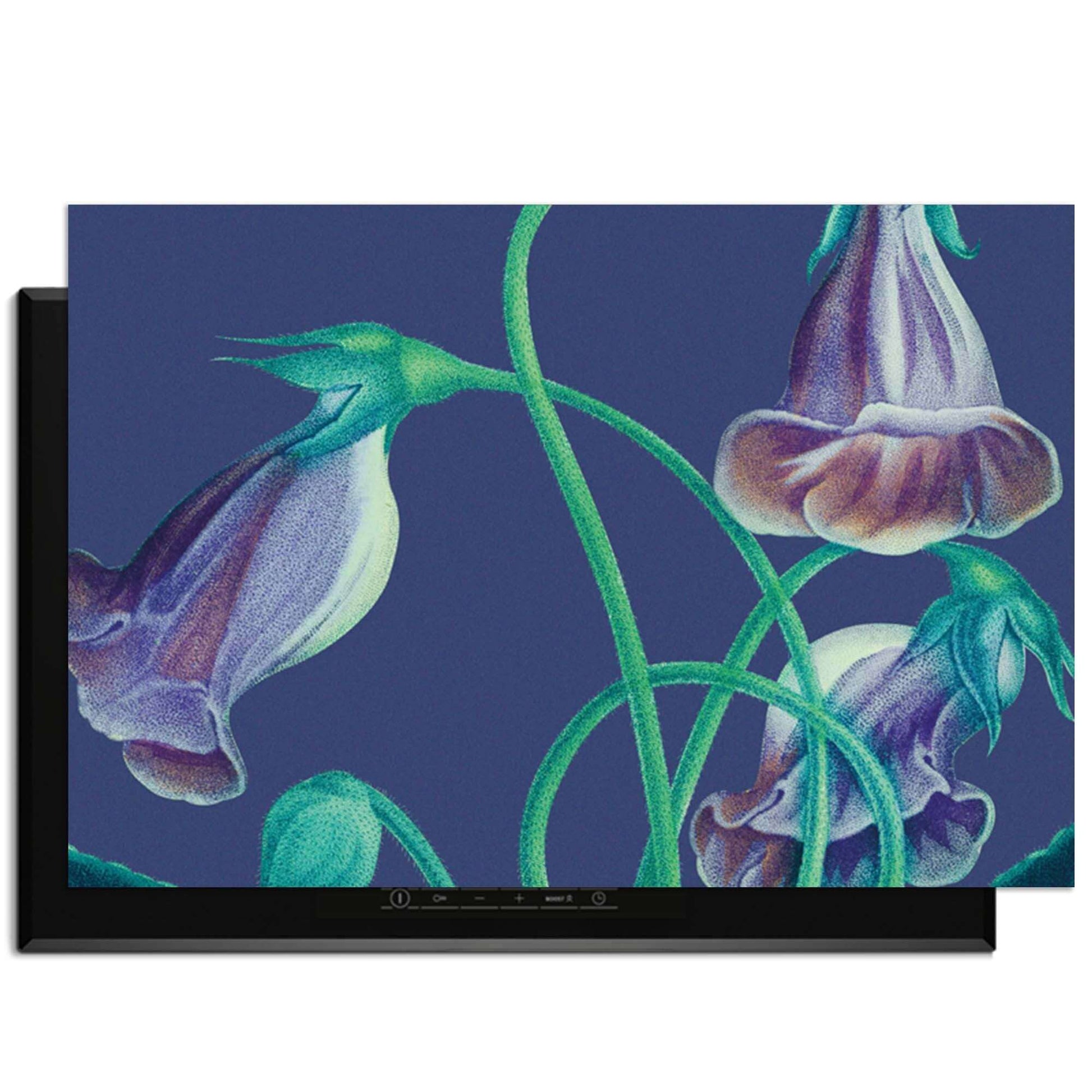 Midnight Bloom – Inductie Beschermer met paarse bloemen op een donkere achtergrond, elegante keukenaccessoire.