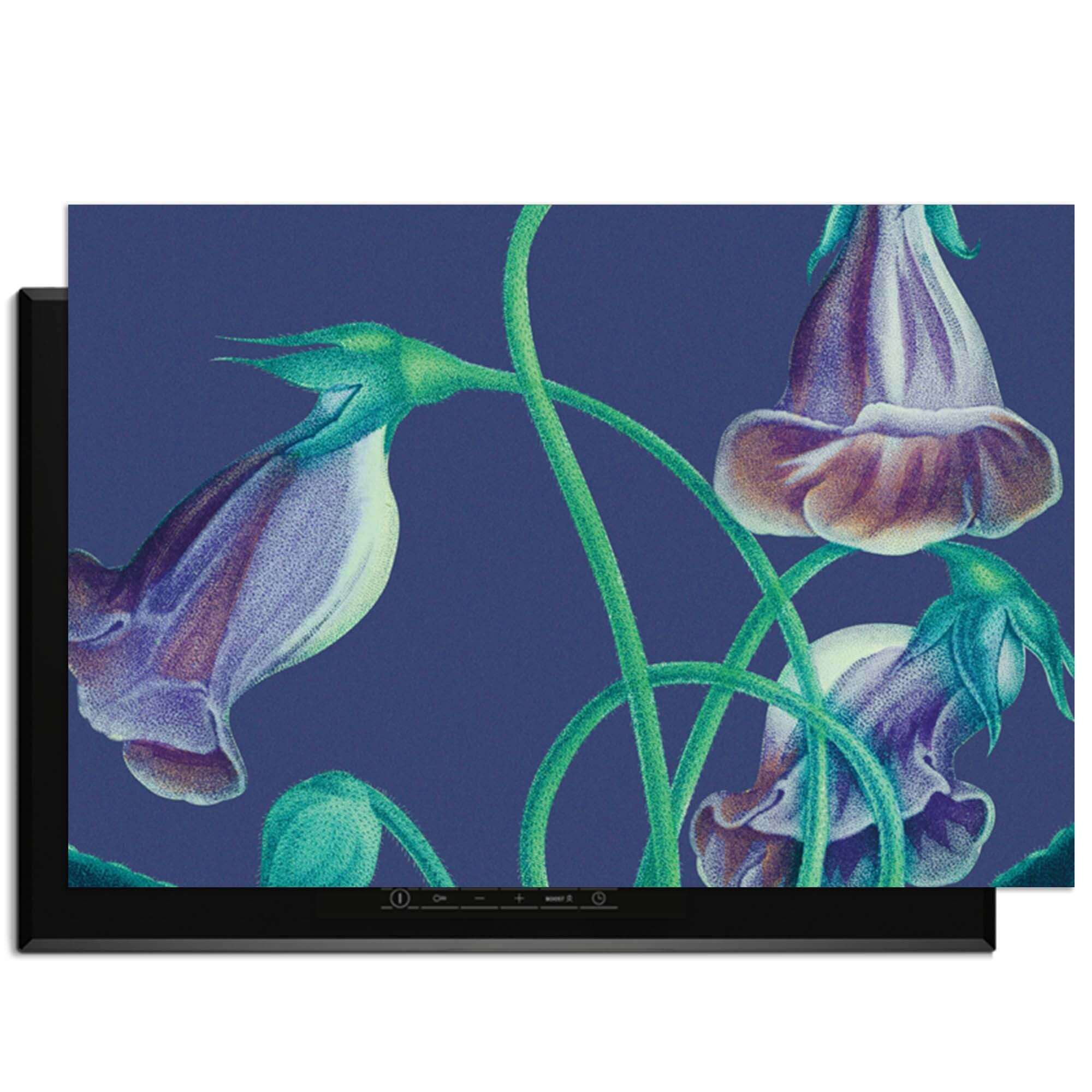 Midnight Bloom – Inductie Beschermer met paarse bloemen op een donkere achtergrond, elegante keukenaccessoire.