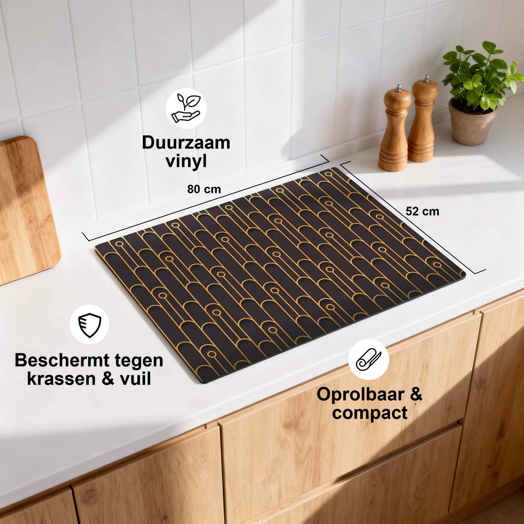 Golden Arc – Inductie Beschermer met duurzaam vinyl, elegant geometrisch patroon, 80x52 cm, voor keukenbescherming.