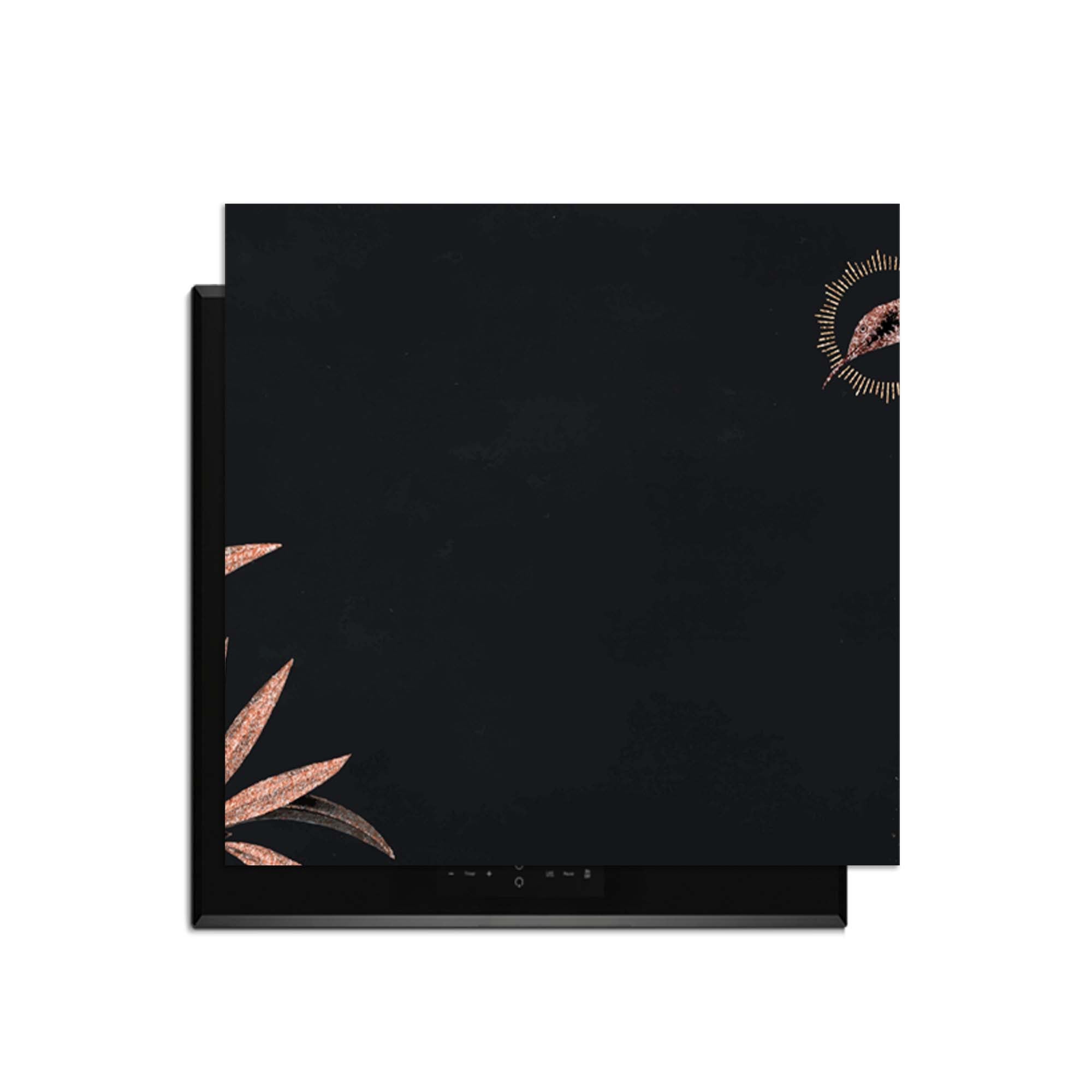 Golden Olive - Inductie Beschermer met een diepzwarte achtergrond en gouden olijftakken design.