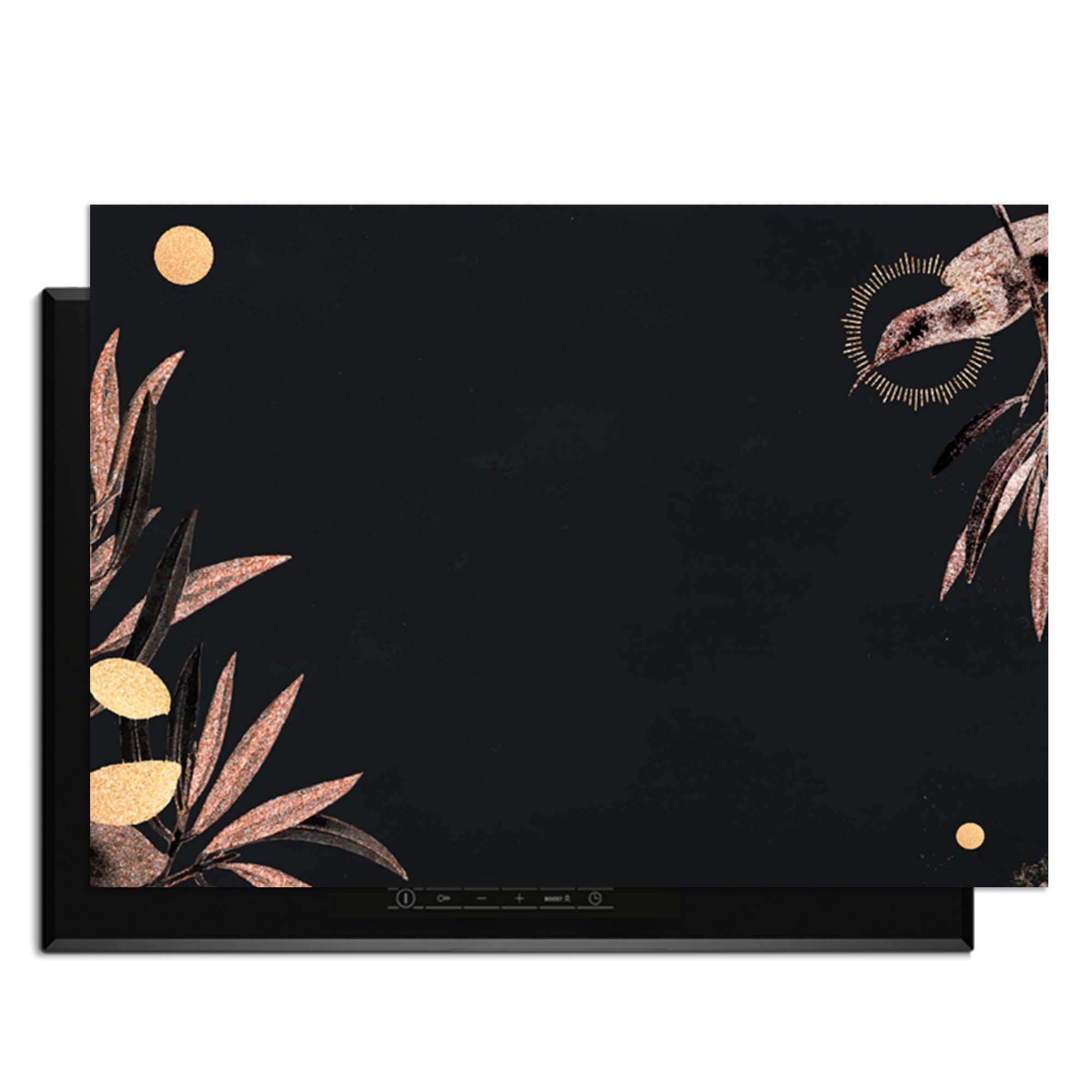 Golden Olive - Inductie Beschermer met zwart ontwerp, gouden olijftakken en elegante vogeldetails.