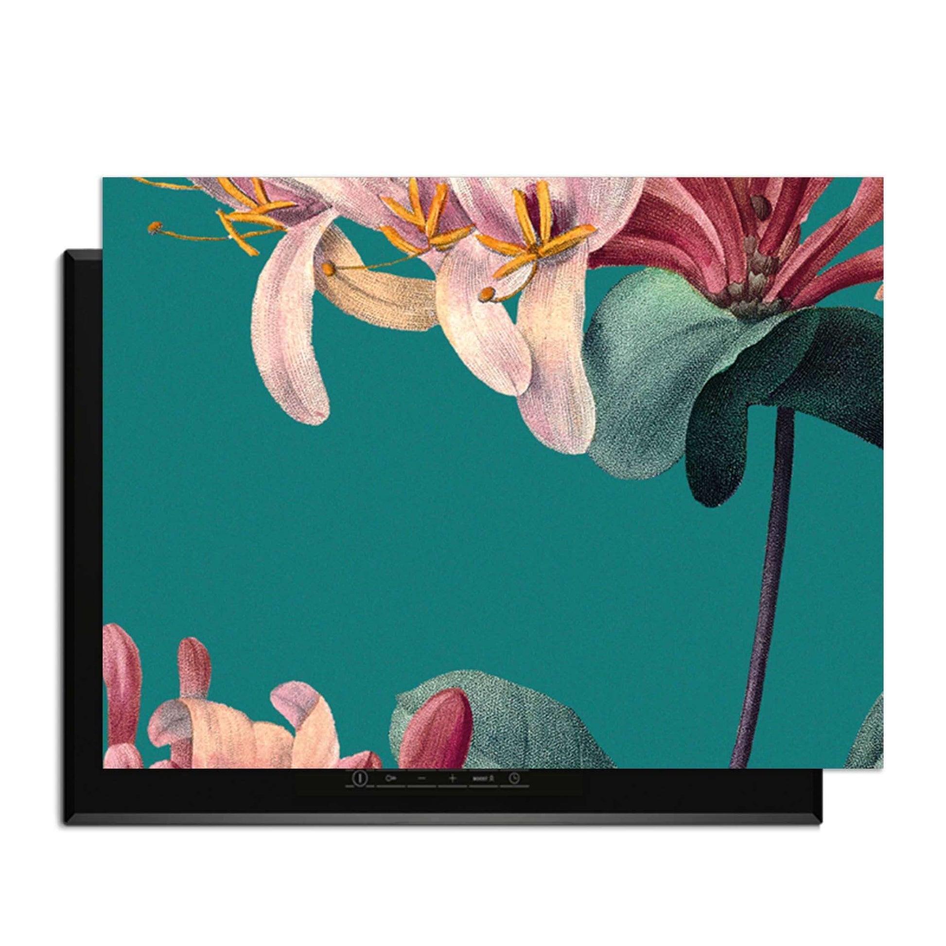 Botanical Elegance – Inductie Beschermer met vintage bloemenontwerp op een groene achtergrond.