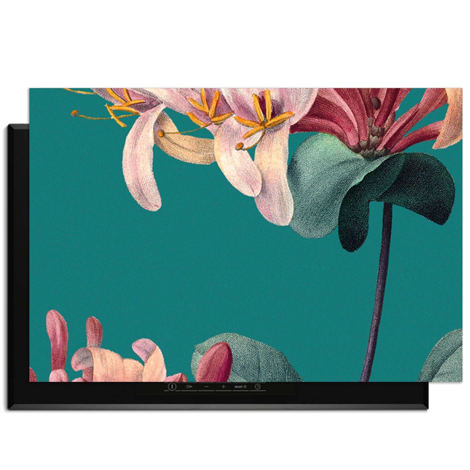 Botanical Elegance – Inductie Beschermer met vintage bloemenontwerp op groene achtergrond.