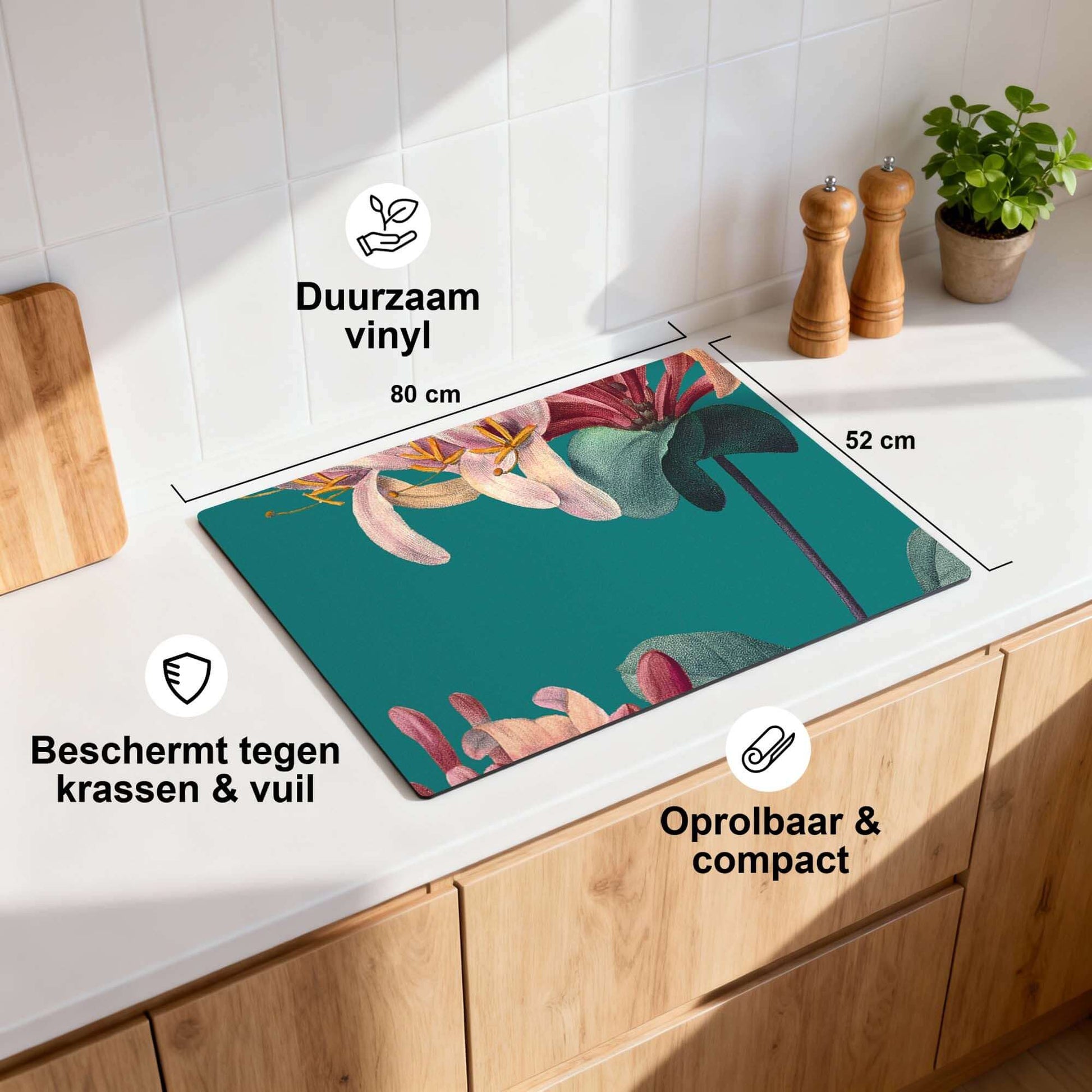 Botanical Elegance – Inductie Beschermer, duurzaam vinyl met vintage bloemen op de kookplaat, beschermt tegen krassen en vuil.