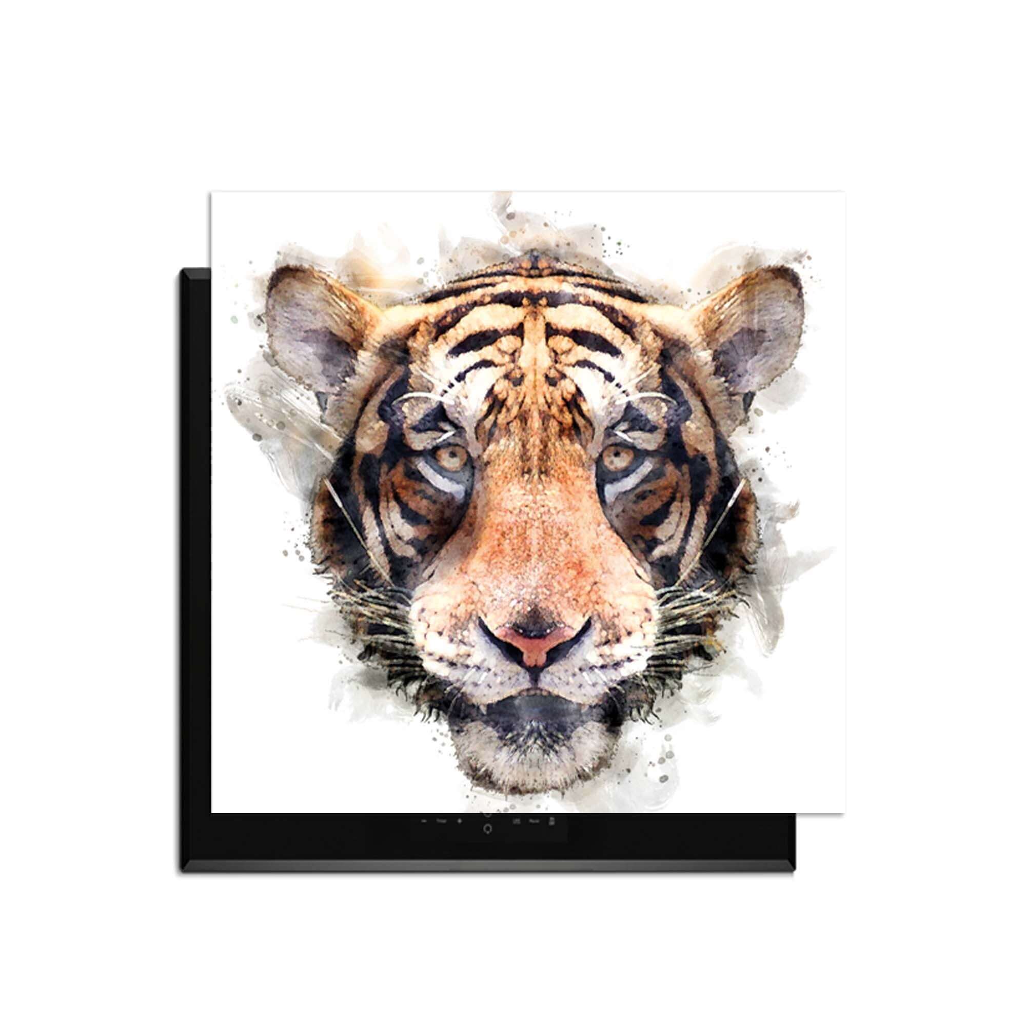 Majestic Tiger - Inductie Beschermer met aquarel schilderij van tijgerkop voor een elegante keuken.