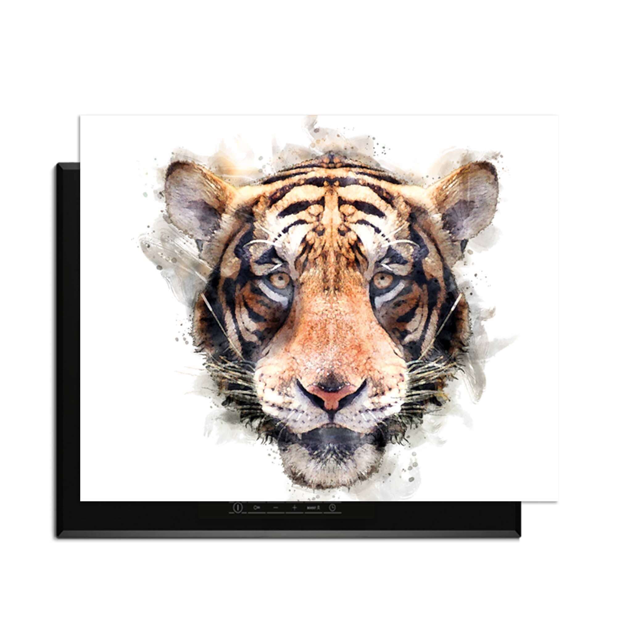 Majestic Tiger - Inductie Beschermer met aquarel schilderij van tijgerkop voor een krachtige uitstraling in de keuken.