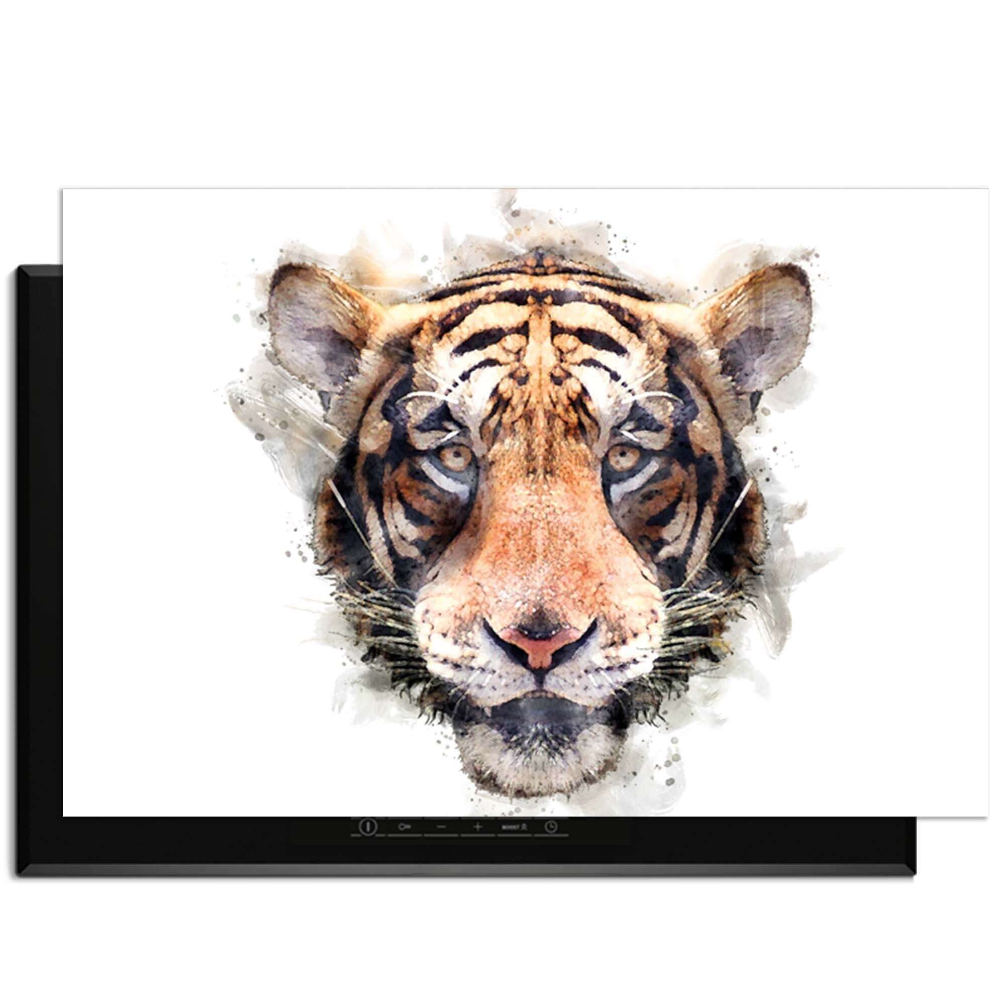 Majestic Tiger - Inductie Beschermer met aquarel van tijgerkop op zwarte inductieplaat.