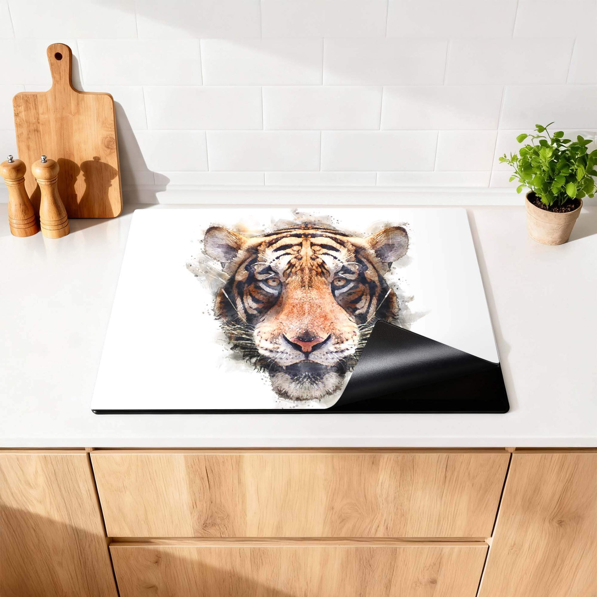 Majestic Tiger - Inductie Beschermer met aquarel tijgerkop, perfect voor jouw keuken.