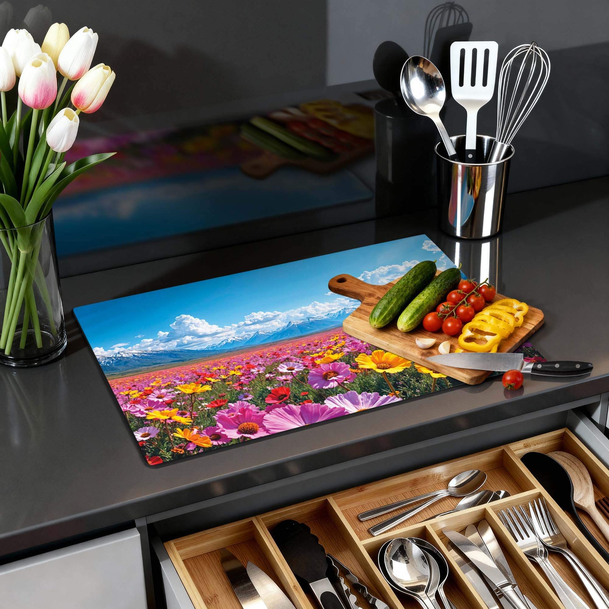 Blooming Horizon – Inductie Beschermer met kleurrijke bloemen en bergen, perfect voor de keuken.