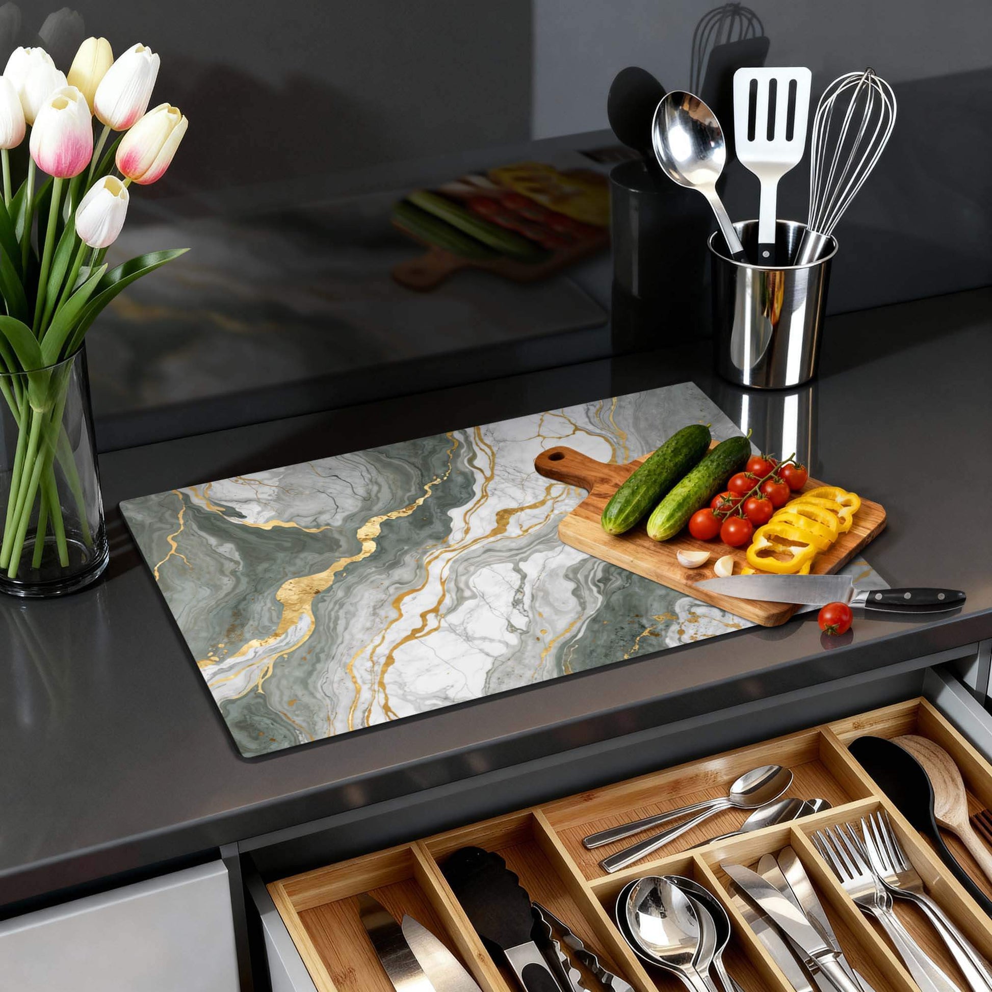 Luxurious Marble Green – Inductie Beschermer op een keukenblad met groenten en bloemen.