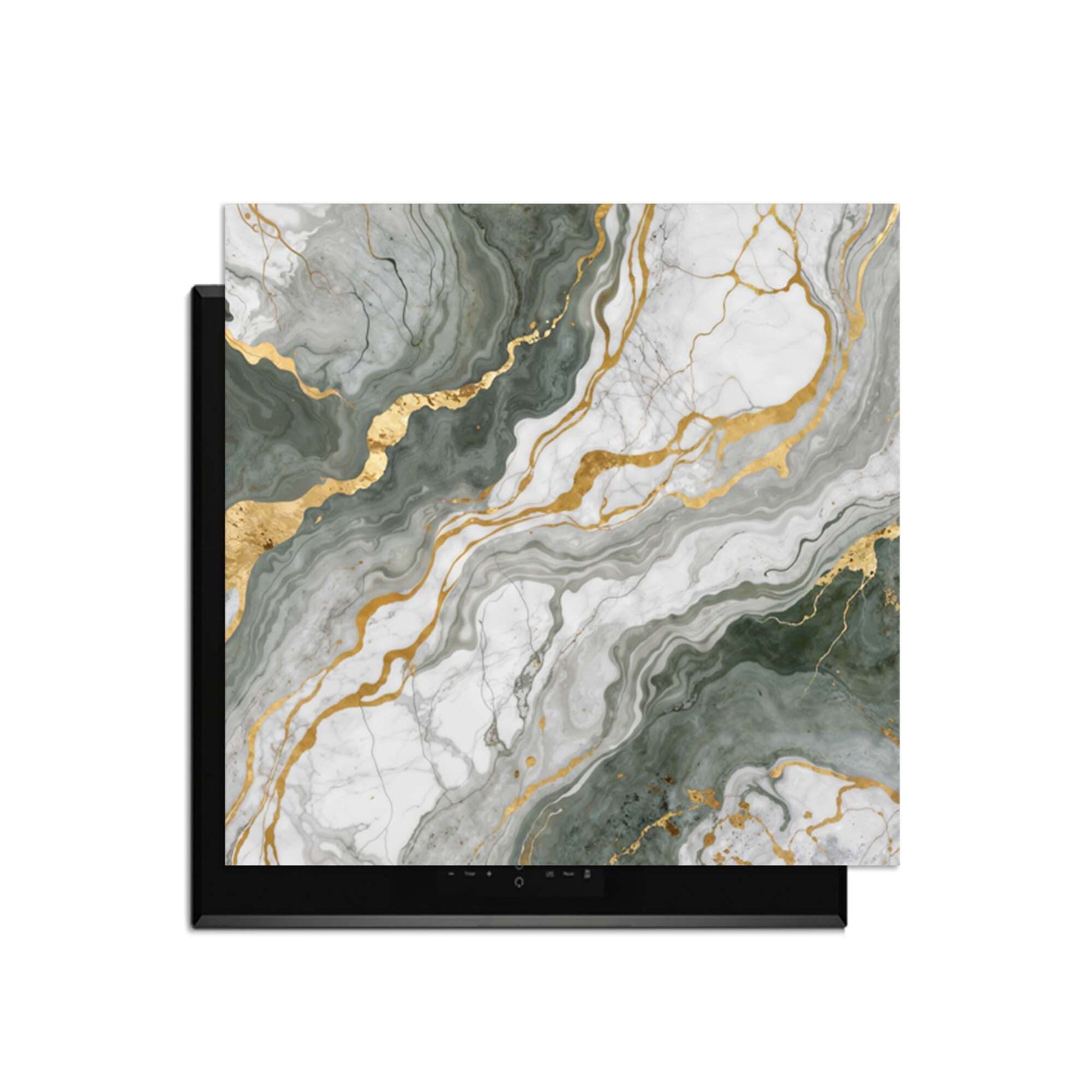Luxurious Marble Green – Inductie Beschermer met groen marmer en gouden aders voor een elegante keuken.